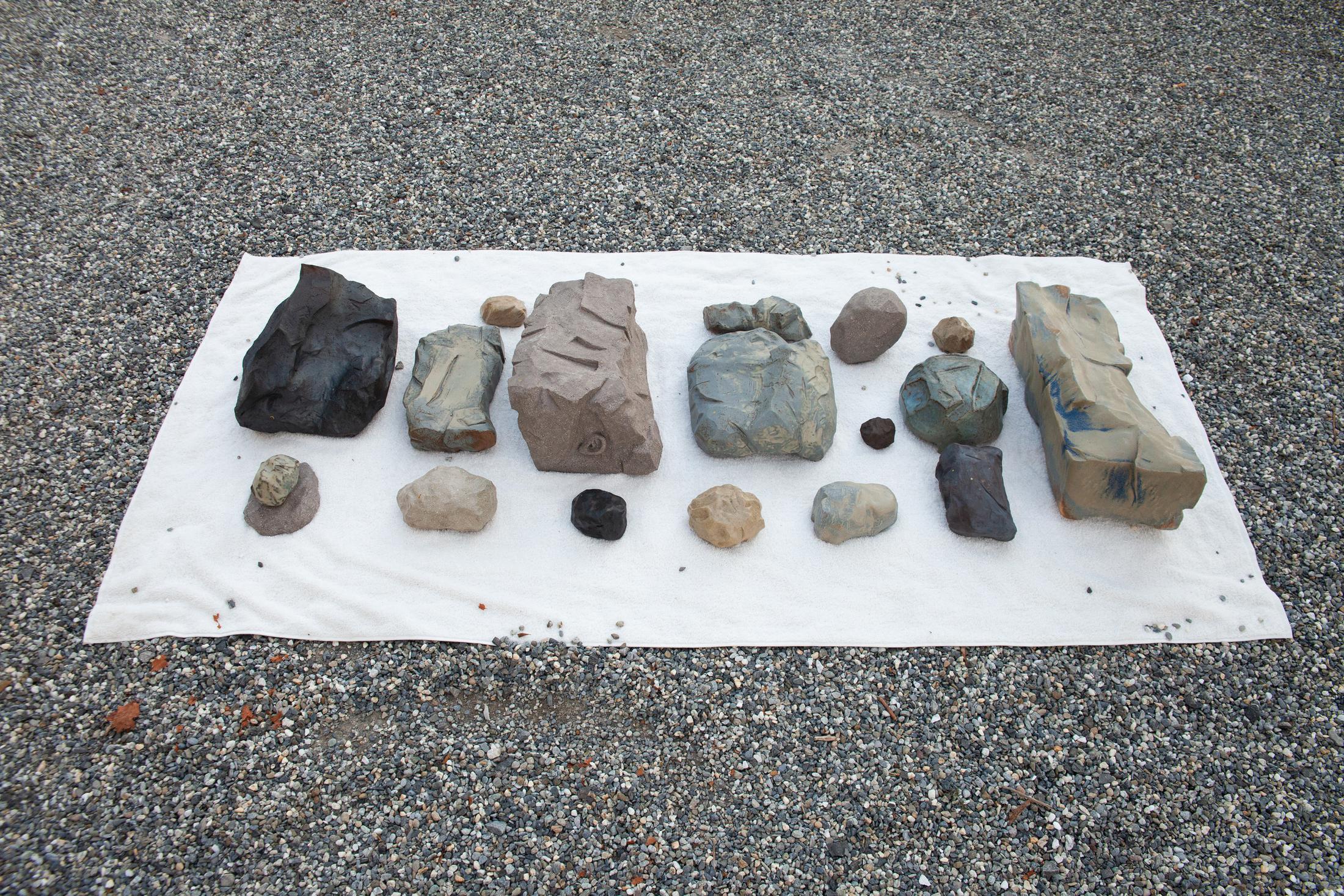 Exhibition View Groupshow «Modern Nature – an hommage to Derek Jarman; view on Adrien Chevalley, Cailloux (2019)» at La Becque, La Tour-de-Peilz, 2019 / Photo: © Diana Martin / Courtesy: the artist and La Becque