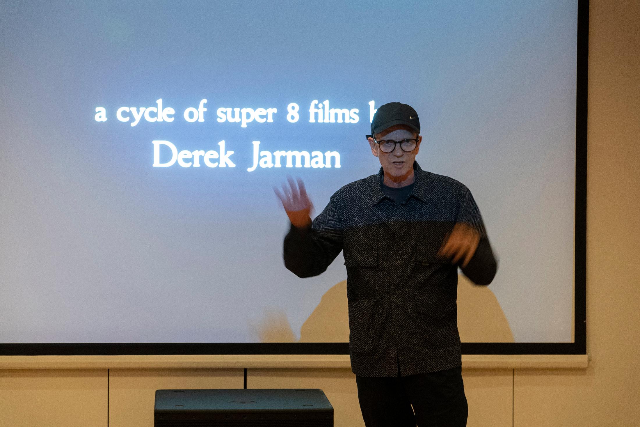 Exhibition View Groupshow «Modern Nature – an hommage to Derek Jarman; view on Simon Fisher Turner performing live score on Derek Jarman’s Blue and a selection of super-8 movies, 2019» at La Becque, La Tour-de-Peilz, 2019 / Photo: © Julien Gremaud / Courtesy: the artist and La Becque