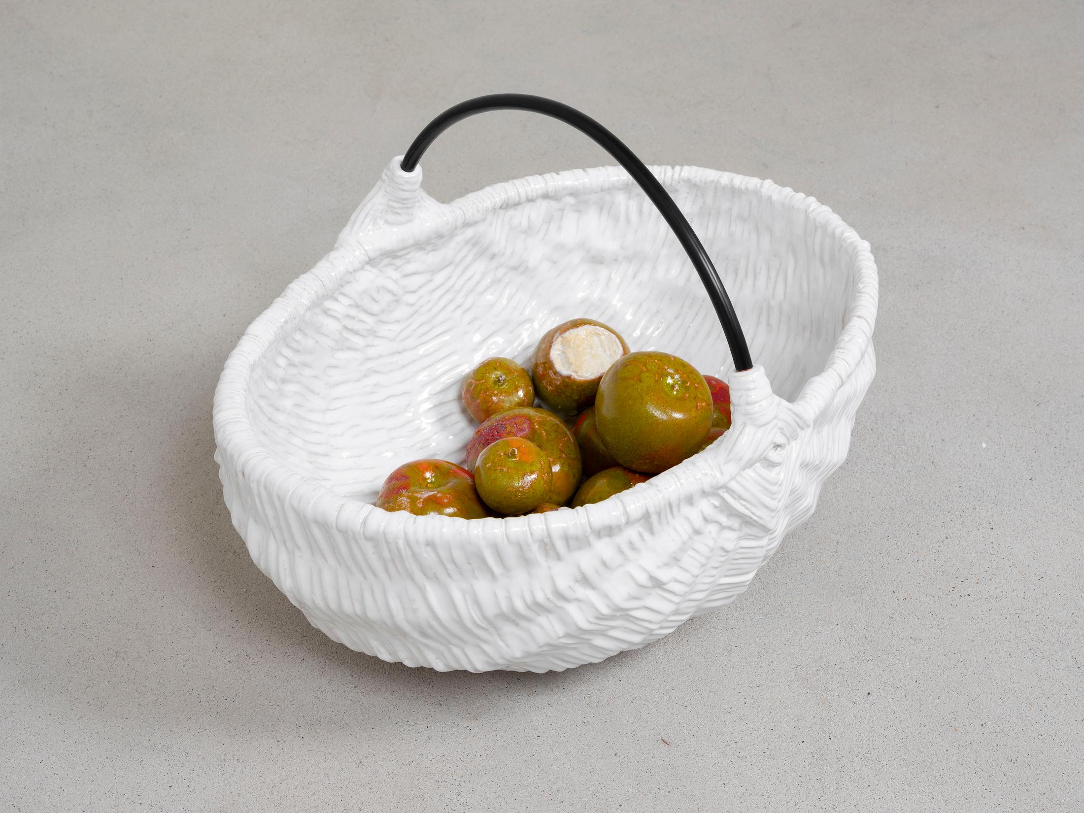 Exhibition View Groupshow «Swiss Made; view on Mai-thu Perret, Basket and apples white (TBT), 2019» at Ribordy Thetaz, Geneva, 2019 / Photo: © Julien Gremaud