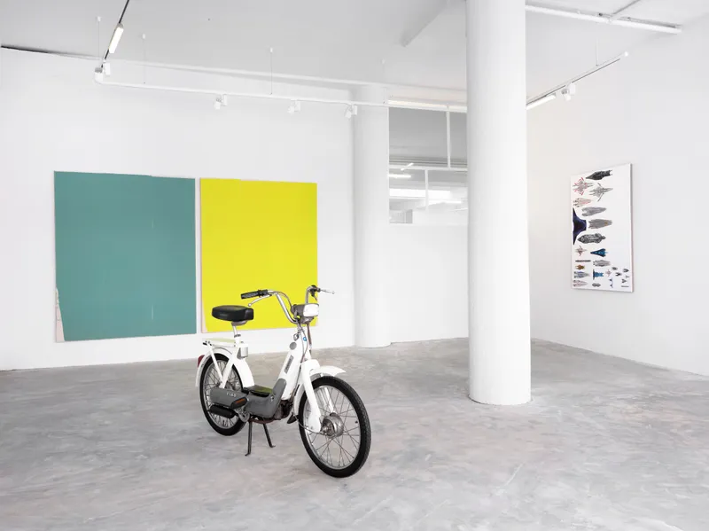 Exhibition View Groupshow «Swiss Made; view on Sylvain Croci-Torti, A drift in the ocean, 2019 and Please sing me to sleep tonight, 2019; Valentin Carron, Ciao n0 11, 2014 and Mathis Gasser, Mass Effect Ships, 2019» at Ribordy Thetaz, Geneva, 2019 / Photo: © Julien Gremaud