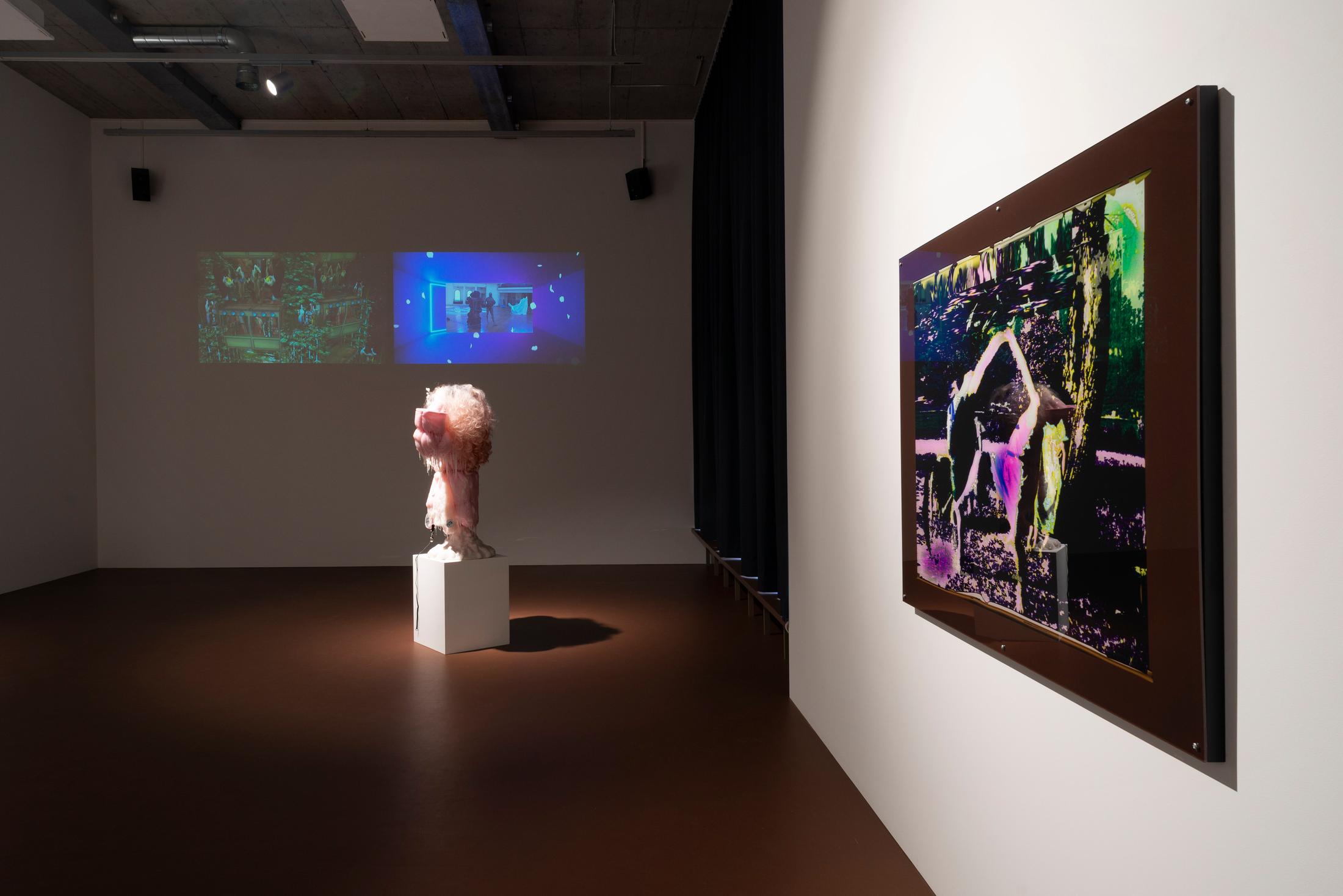 Exhibition View Groupshow «The Untamed» with AMVK (Anne-Mie Van Kerckhoven), Sidsel Meineche Hansen, Aurel Haize Odogbo, Jacolby Satterwhite, Will Sheldon and Cajsa von Zeipel at Karma International, Zurich, 2019 / Photo: Stefan Altenburger / Courtesy: the artists and Karma International