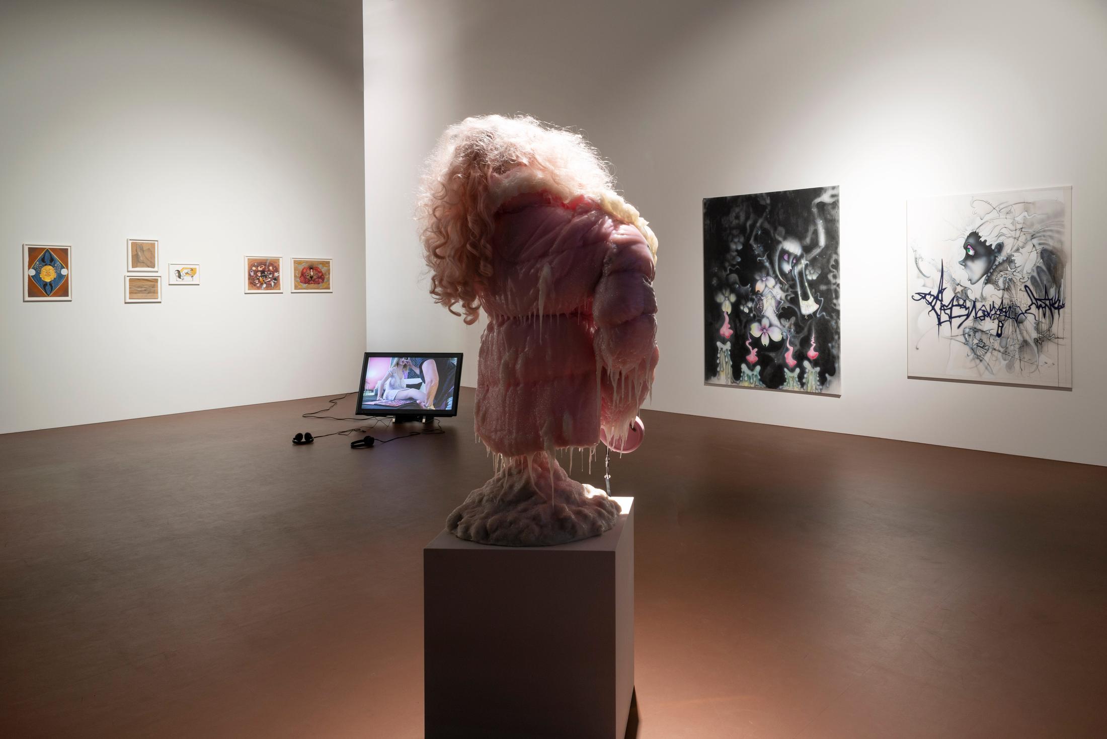 Exhibition View Groupshow «The Untamed» with AMVK (Anne-Mie Van Kerckhoven), Sidsel Meineche Hansen, Aurel Haize Odogbo, Jacolby Satterwhite, Will Sheldon and Cajsa von Zeipel at Karma International, Zurich, 2019 / Photo: Stefan Altenburger / Courtesy: the artists and Karma International