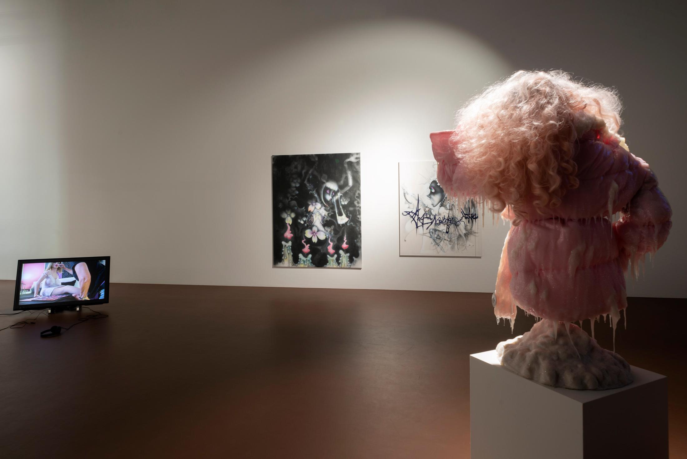 Exhibition View Groupshow «The Untamed» with AMVK (Anne-Mie Van Kerckhoven), Sidsel Meineche Hansen, Aurel Haize Odogbo, Jacolby Satterwhite, Will Sheldon and Cajsa von Zeipel at Karma International, Zurich, 2019 / Photo: Stefan Altenburger / Courtesy: the artists and Karma International