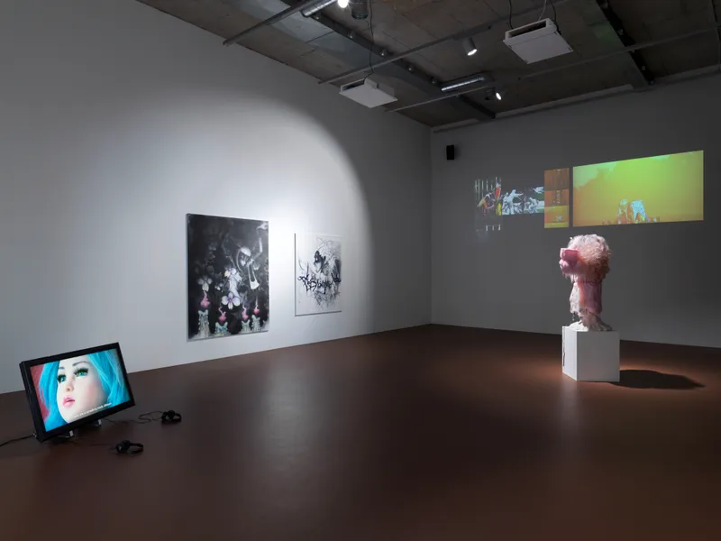 Exhibition View Groupshow «The Untamed» with AMVK (Anne-Mie Van Kerckhoven), Sidsel Meineche Hansen, Aurel Haize Odogbo, Jacolby Satterwhite, Will Sheldon and Cajsa von Zeipel at Karma International, Zurich, 2019 / Photo: Stefan Altenburger / Courtesy: the artists and Karma International