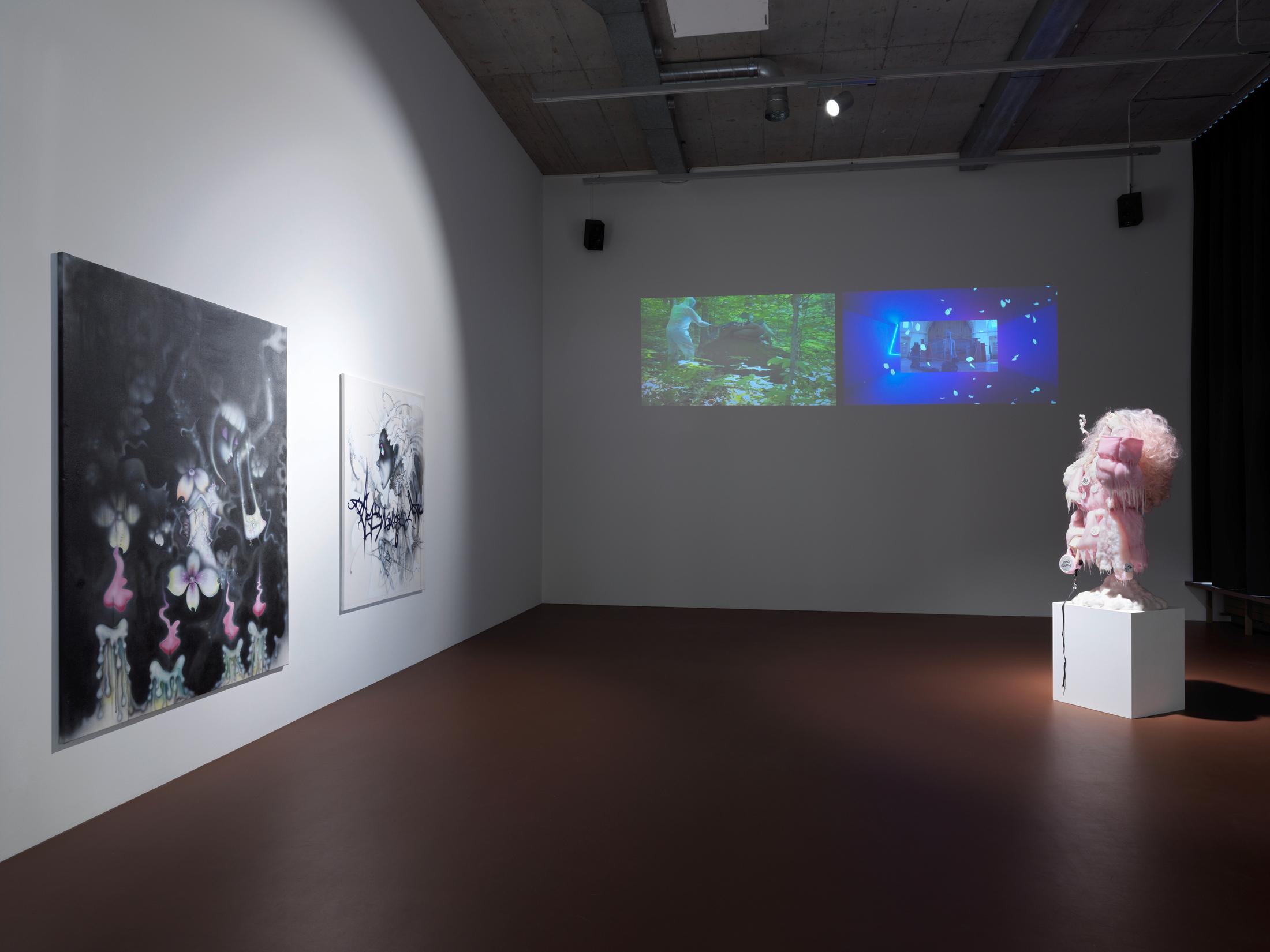 Exhibition View Groupshow «The Untamed» with AMVK (Anne-Mie Van Kerckhoven), Sidsel Meineche Hansen, Aurel Haize Odogbo, Jacolby Satterwhite, Will Sheldon and Cajsa von Zeipel at Karma International, Zurich, 2019 / Photo: Stefan Altenburger / Courtesy: the artists and Karma International