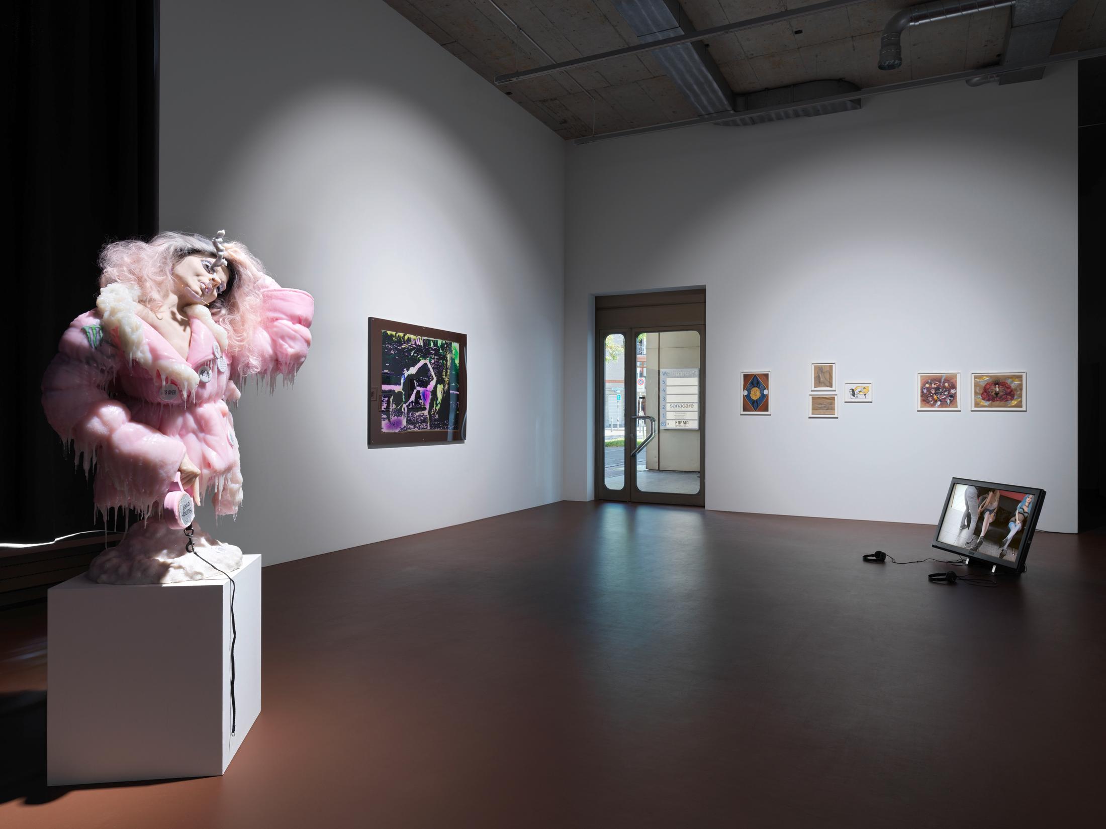 Exhibition View Groupshow «The Untamed» with AMVK (Anne-Mie Van Kerckhoven), Sidsel Meineche Hansen, Aurel Haize Odogbo, Jacolby Satterwhite, Will Sheldon and Cajsa von Zeipel at Karma International, Zurich, 2019 / Photo: Stefan Altenburger / Courtesy: the artists and Karma International