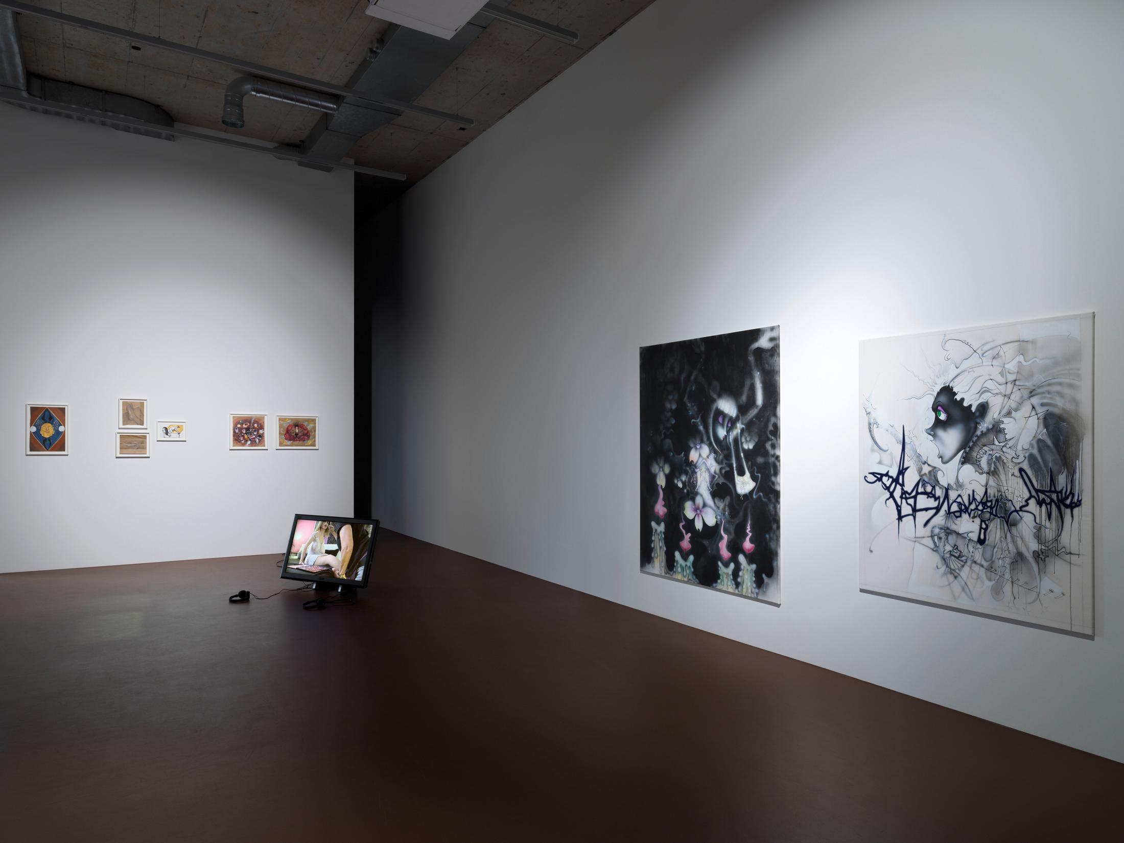 Exhibition View Groupshow «The Untamed» with AMVK (Anne-Mie Van Kerckhoven), Sidsel Meineche Hansen, Aurel Haize Odogbo, Jacolby Satterwhite, Will Sheldon and Cajsa von Zeipel at Karma International, Zurich, 2019 / Photo: Stefan Altenburger / Courtesy: the artists and Karma International