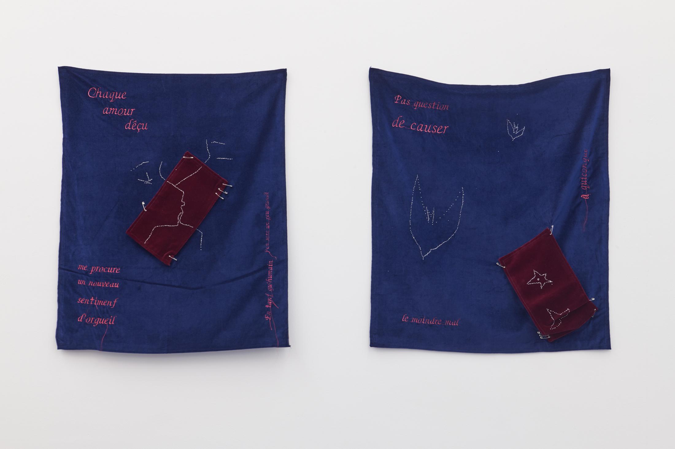 Exhibition View Groupshow «Was erzählt die Romandie?; view on Gaia Vincensini, Un amour déçu_1 (d’après Sunil Gangopadhyay), 2018 and Un amour déçu_2 (d’après Sunil Gangopadhyay), 2018» with Alfredo Aceto, Mohamed Almusibli, Maxime Bondu, Claire van Lubeek, Flora Mottini, Philémon Otth, Gina Proenza, Koka Ramishvili, Real Madrid, Anne Rochat, Denis Savary, Gaia Vincensini at Häusler Contemporary, Zurich, 2019 / Photo: Mischa Scherrer / Courtesy: the artists and Häusler Contemporary