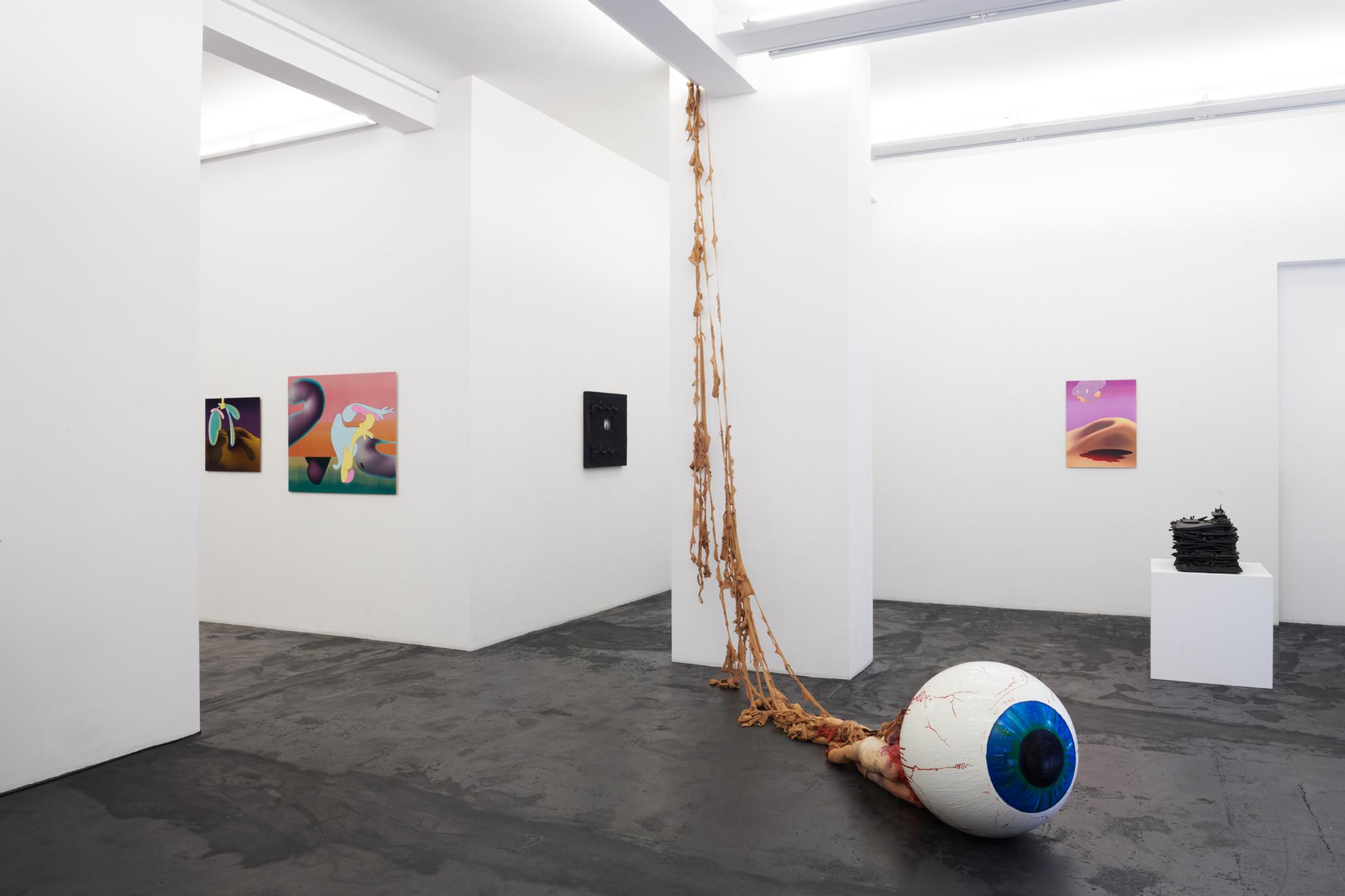 Exhibition View Groupshow «Was erzählt die Romandie?» with Alfredo Aceto, Mohamed Almusibli, Maxime Bondu, Claire van Lubeek, Flora Mottini, Philémon Otth, Gina Proenza, Koka Ramishvili, Real Madrid, Anne Rochat, Denis Savary, Gaia Vincensini at Häusler Contemporary, Zurich, 2019 / Photo: Mischa Scherrer / Courtesy: the artists and Häusler Contemporary