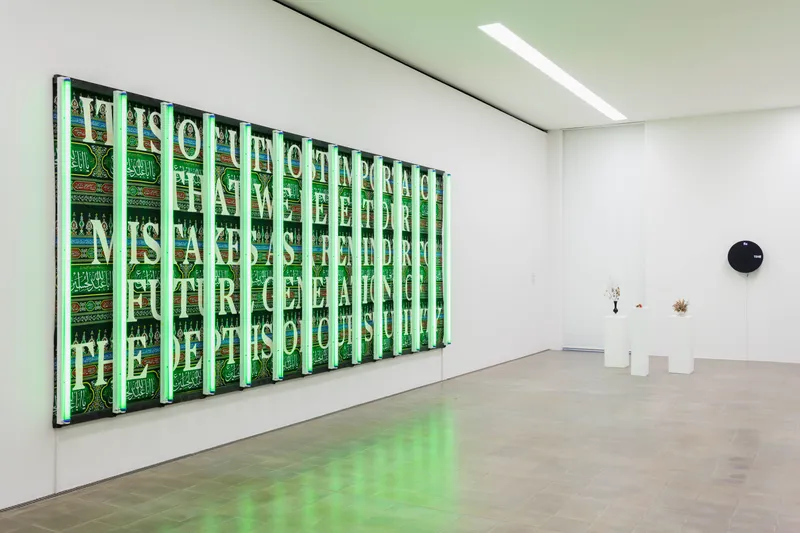 Exhibition View Groupshow «Zeitspuren – The Power of Now with Slavs and Tatars, Kapwani Kiwanga and Raqs Media Collective» at PASQUART, Biel/Bienne, 2018 / Photo: Gunnar Meier / Courtesy: Fondazione Sandretto Re Rebaudengo, Turin / Courtesy: the artist and Gallery Jérôme Poggi / Courtesy: the artist and Frith Street Gallery, London