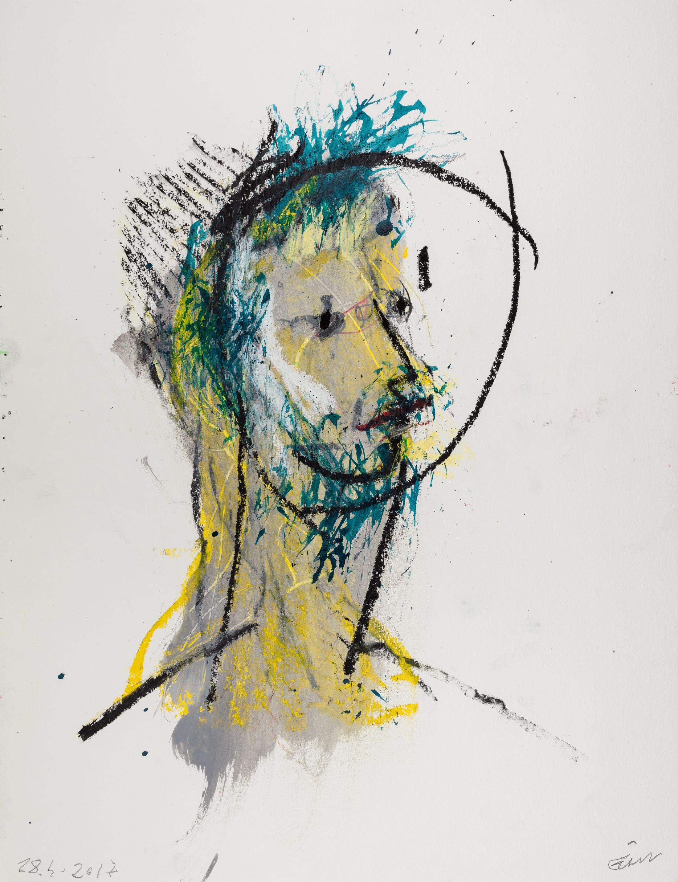 Exhibition View Guillaume Bruère Soloshow «What Trembles and Almost Dances; view on Guillaume Bruère, 28.04.2017, 2017, Coloured pencils, oil pastels and acrylic on paper, 65 x 50 cm» at Fundaziun Not Vital, Tarasp Castle, Scuol, 2020 / Photo: Eric Gregory Powell / Courtesy: the artist and Fundaziun Not Vital