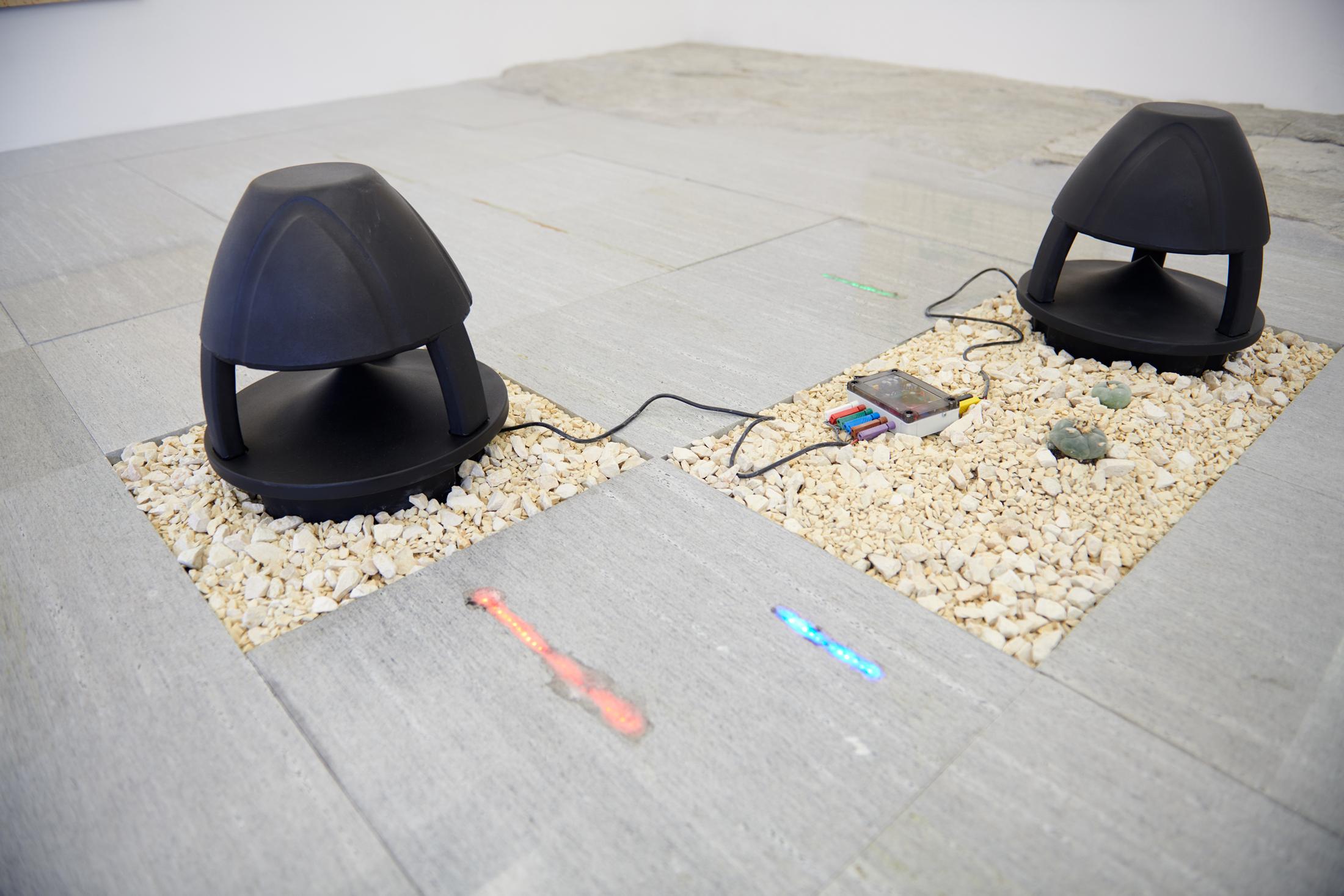 Exhibition View Haroon Mirza and Gaia Fugazza Groupshow «Antidotes and their Counterparts» at Häusler Contemporary Zürich, Zurich, 2019 / Photo: Mischa Scherrer / Courtesy: the artist and Häusler Contemporary
