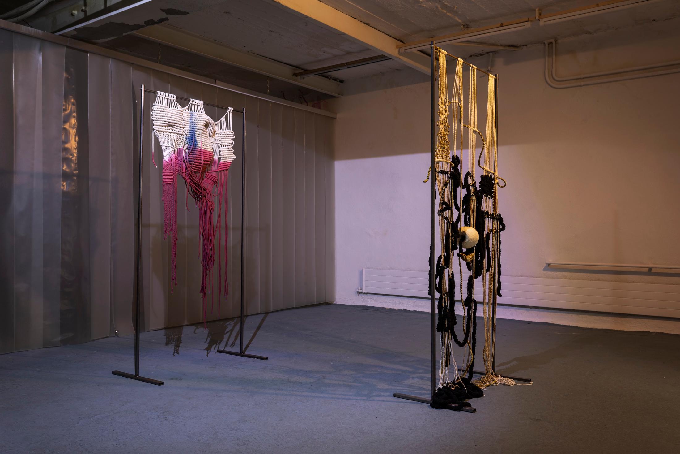 Exhibition View Groupshow «Heavy Satin; view on Lisa Biedlingmaier, I am Healer (Addiction/Collective Memory/Serenity/Intolerance/ Family Tree), 2019 and ANTI me, ANTI you, 2020» at Last Tango, Zurich, 2020 / Photo:  Kilian Bannwart / Courtesy: the artists and Last Tango