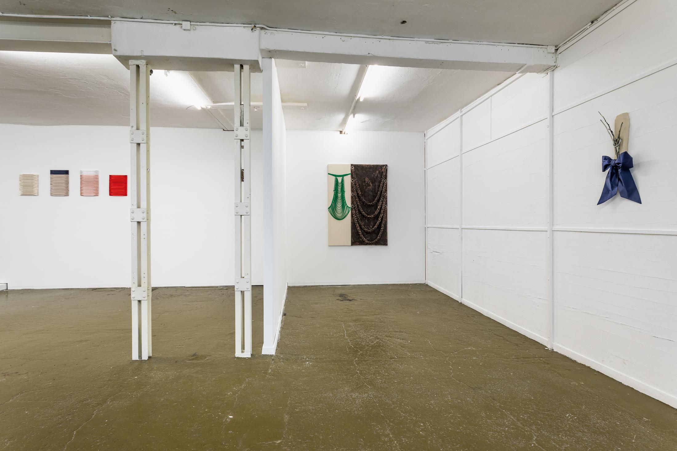 Exhibition View Groupshow «Heavy Satin; view on Roman Gysin, Satin Images (beige, grey, pink, red), 2019; Green And Brown Curves (Lobby Piece), 2013 and Welcome Home II, 2018» at Last Tango, Zurich, 2020 / Photo:  Kilian Bannwart / Courtesy: the artists and Last Tango