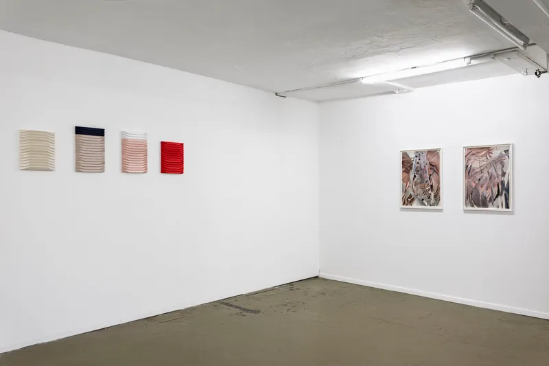 Exhibition View Groupshow «Heavy Satin; view on Roman Gysin, Satin Images (beige, grey, pink, red), 2019 and Manon Wertenbroek, Self-portrait 1 and 2, 2019» at Last Tango, Zurich, 2020 / Photo:  Kilian Bannwart / Courtesy: the artists and Last Tango