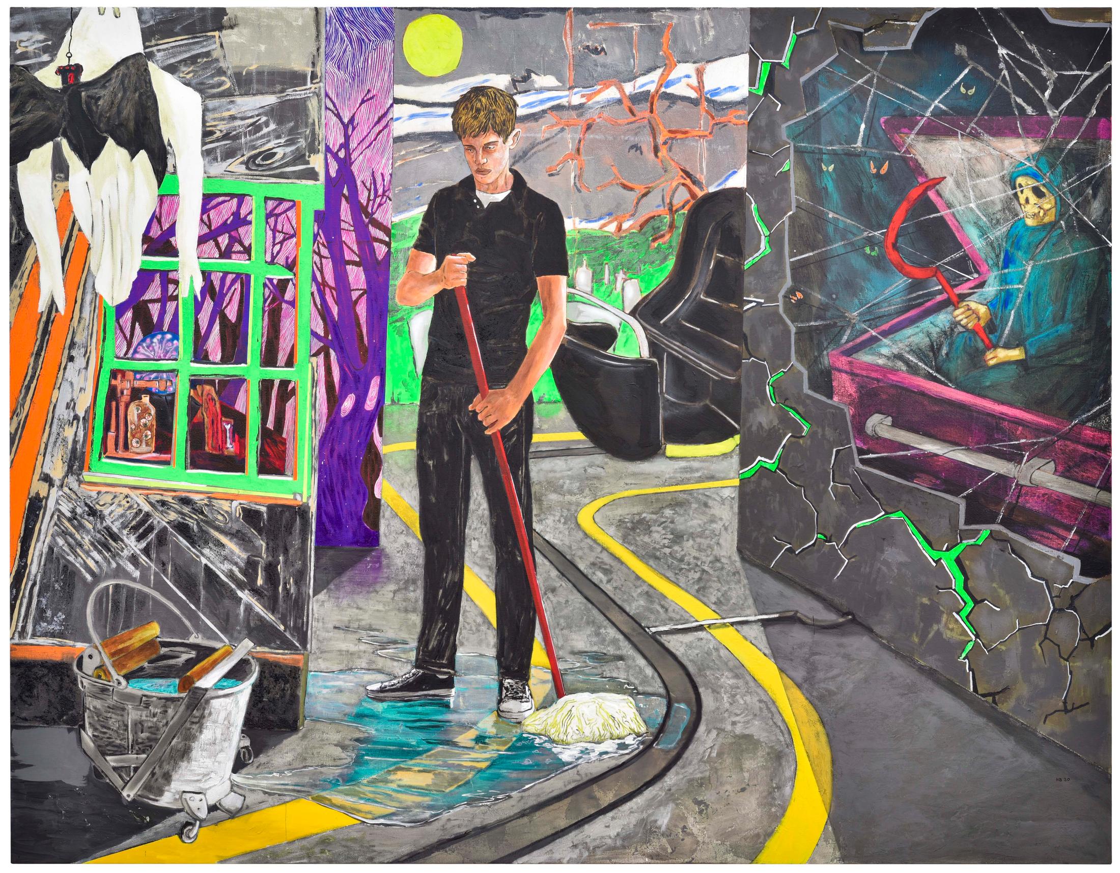 Exhibition View Hernan Bas Soloshow «Interiors; view on The haunted house keeper, 2020, Acrylic and distemper on linen, 213.5 x 274.3 cm» at Galerie Peter Kilchmann, Zurich, 2020 / Courtesy: the artist and Galerie Peter Kilchmann