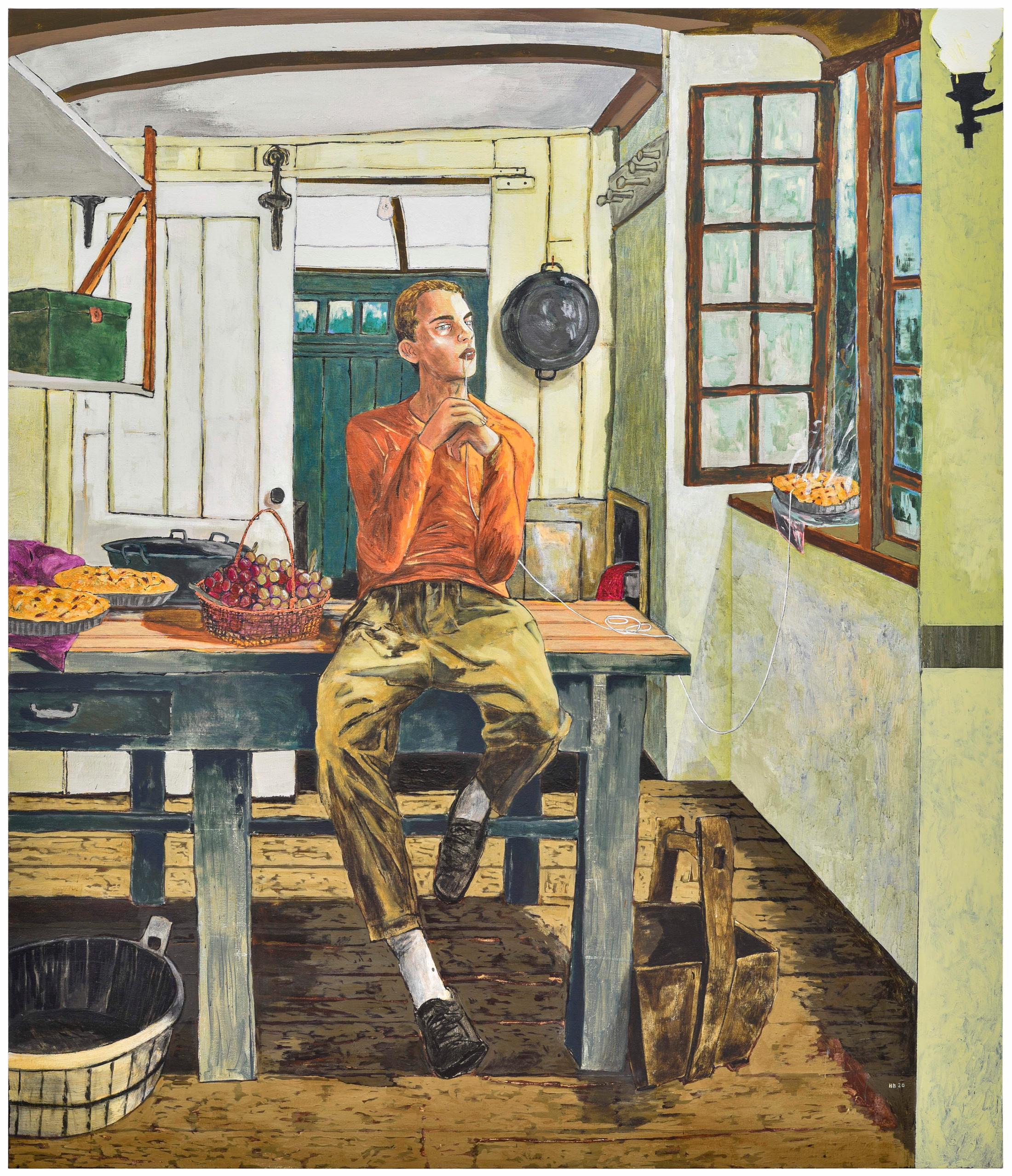 Exhibition View Hernan Bas Soloshow «Interiors; view on The Shake with a sweet tooth, 2020, Acrylic and distemper on linen, 213.5 x 183 cm» at Galerie Peter Kilchmann, Zurich, 2020 / Courtesy: the artist and Galerie Peter Kilchmann