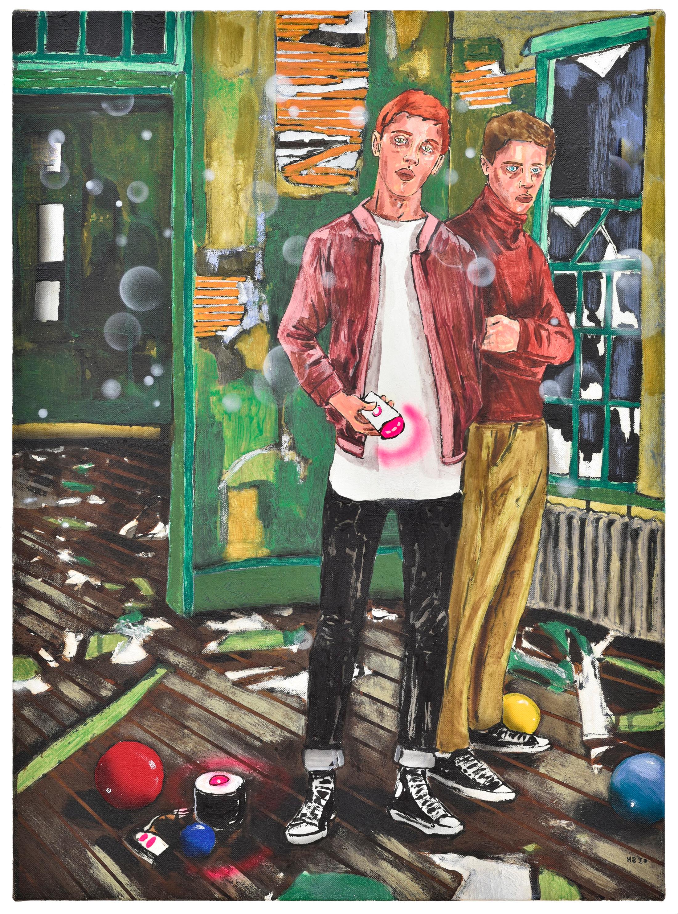 Exhibition View Hernan Bas Soloshow «Interiors; view on The ghost hunters (with spirit orbs), 2020, Acrylic, ink transfers and distemper on linen, 76.2 x 56 cm» at Galerie Peter Kilchmann, Zurich, 2020 / Courtesy: the artist and Galerie Peter Kilchmann