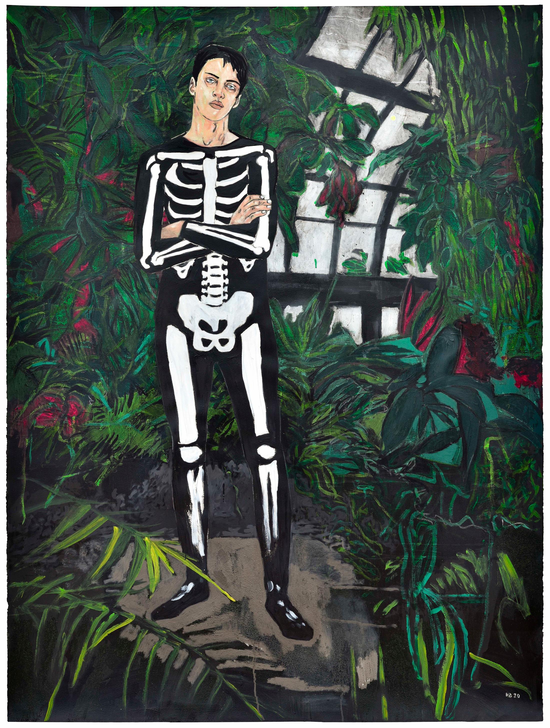 Exhibition View Hernan Bas Soloshow «Interiors; view on The 23rd annual botanical garden October fundraiser (#1), 2020, Acrylic and distemper on Arches paper, 174 x 129.5 cm» at Galerie Peter Kilchmann, Zurich, 2020 / Courtesy: the artist and Galerie Peter Kilchmann