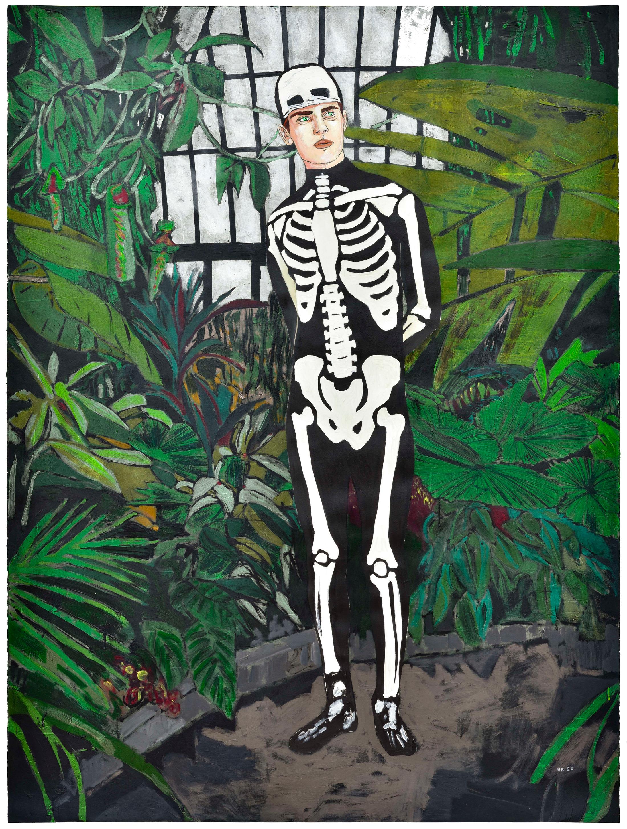 Exhibition View Hernan Bas Soloshow «Interiors; view on The 23rd annual botanical garden October fundraiser (#3), 2020, Acrylic and distemper on Arches paper, 174 x 129.5 cm» at Galerie Peter Kilchmann, Zurich, 2020 / Courtesy: the artist and Galerie Peter Kilchmann