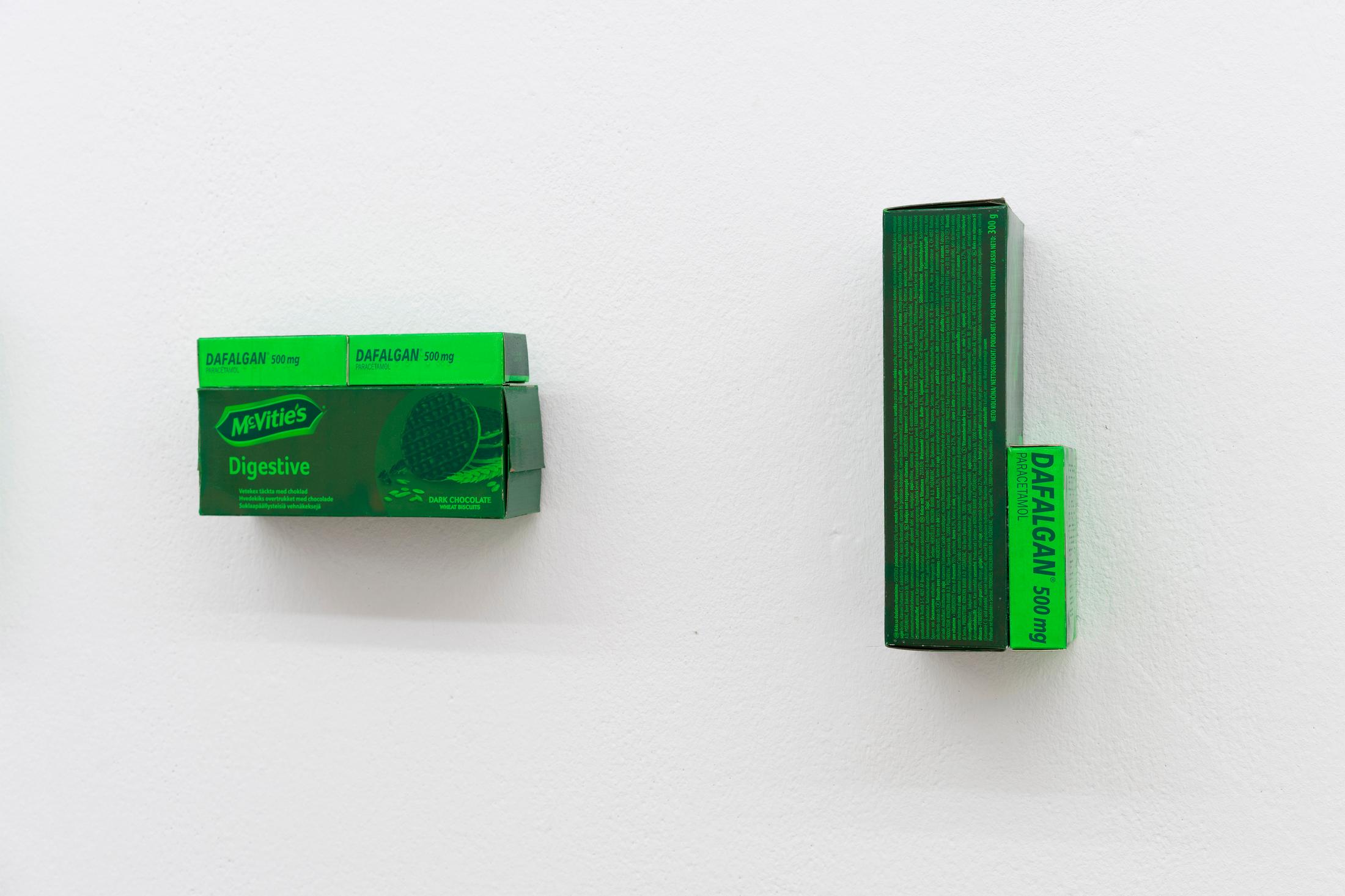 Exhibition View Group Show «House Taken Over; view on Dominic Michel, McVitie‘s Dafalgan (left) and lane Dafalgan (right), 2022» at Milieu, Berne, 2022 / Photo: Claude Barrault / Courtesy: the artist and Milieu