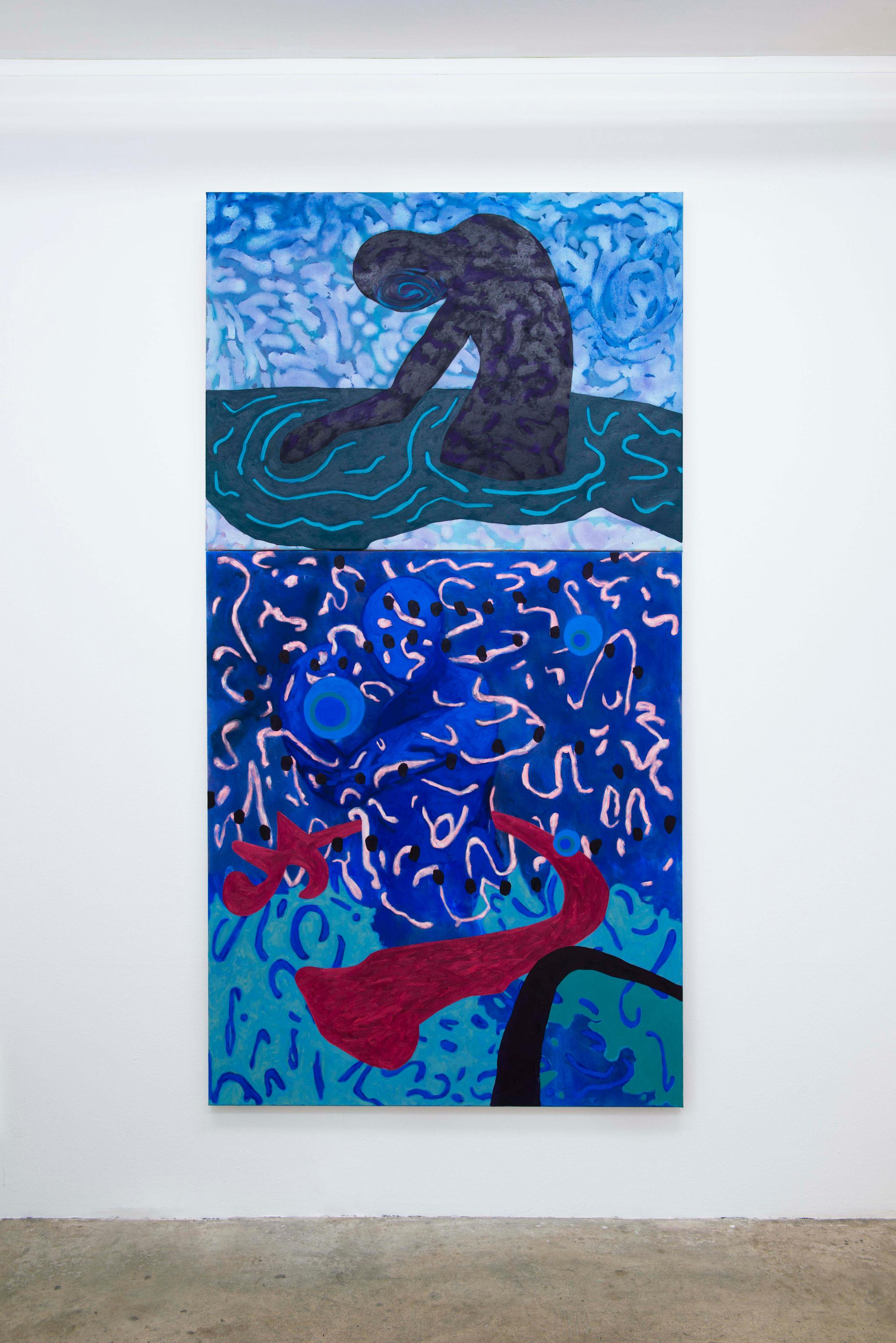 Exhibition View Groupshow «Hypnology ; view on Hannes Zulauf, Zeichenkörper | Ein Zeichenkörper hat eine potenziell unendliche Ausdehnung, weil die Mäander sich potenziell unendlich in das Weltornament einschreiben | WO 014, 2018 & Zeichenkörper | Ein Zeichenkörper sind alle Mäander, die der Grundtonfrequenz eines Subjekts entspringen | WO 012, 2018» at Milieu, Bern, 2018