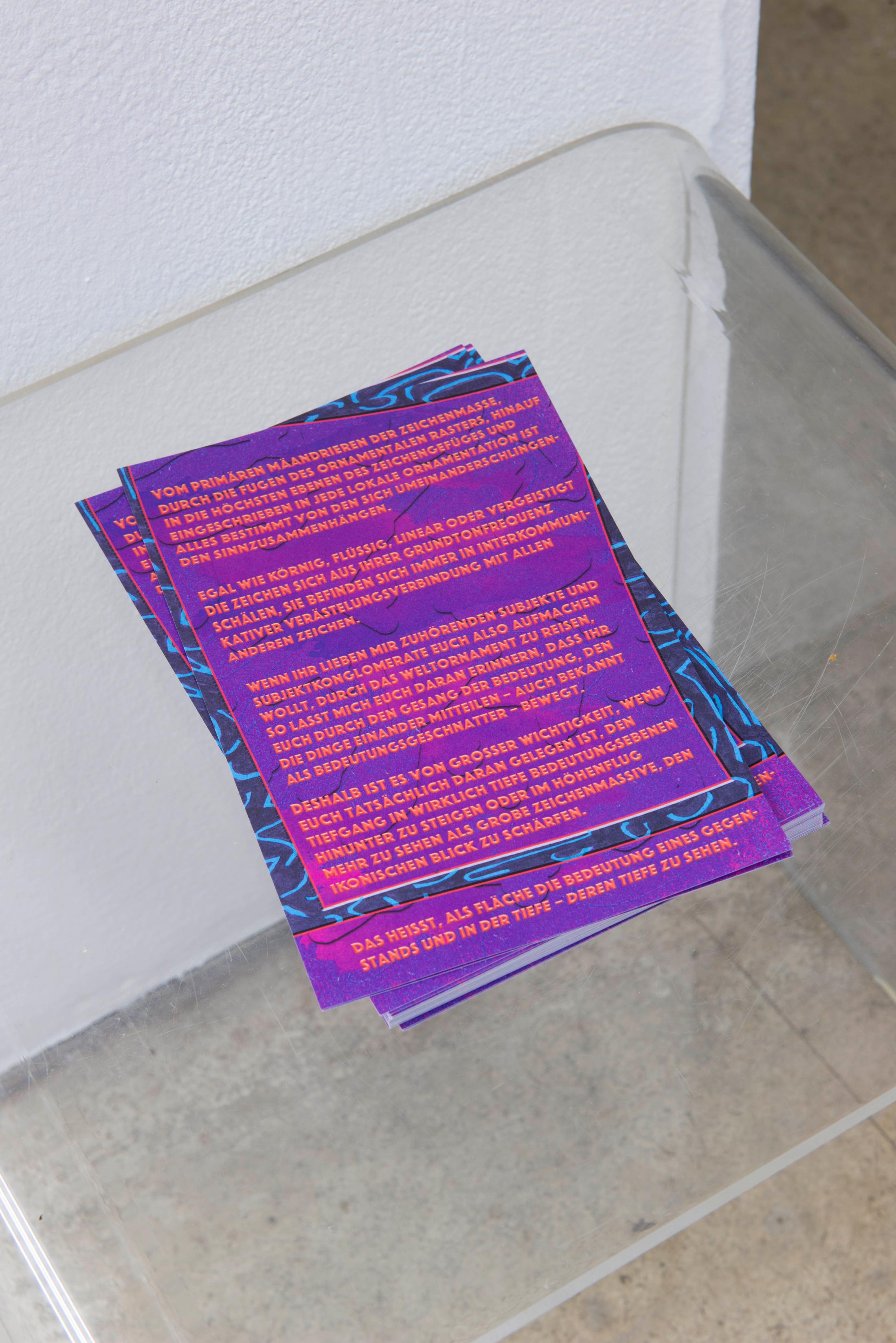 Exhibition View Groupshow «Hypnology ; view on Hannes Zulauf, Weltornament Extrablatt, Auszug aus dem ersten Kapitel: Die Grundlagen, 2018» at Milieu, Bern, 2018