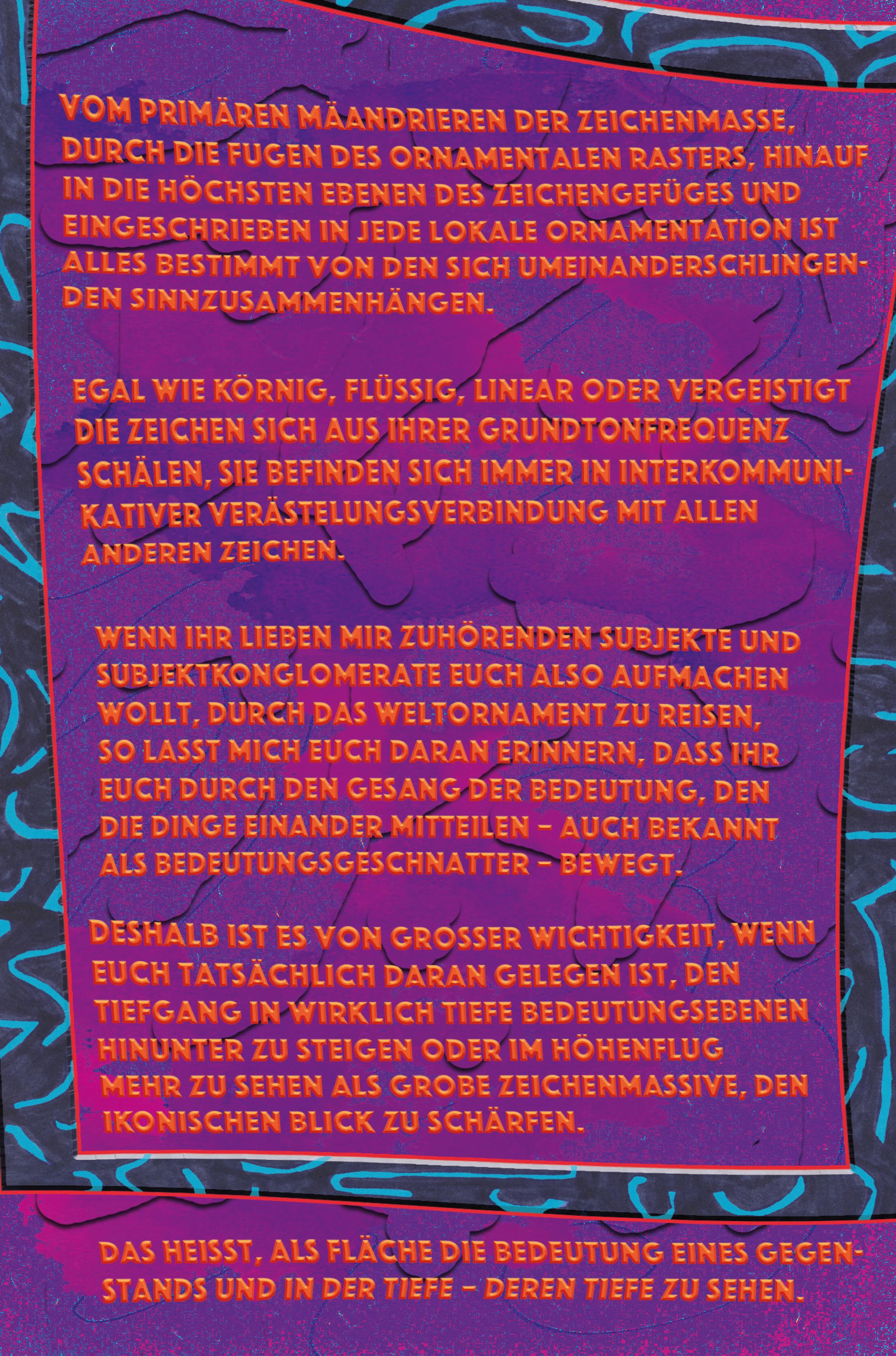 Exhibition View Groupshow «Hypnology ; view on Hannes Zulauf, Weltornament Extrablatt, Auszug aus dem ersten Kapitel: Die Grundlagen, 2018» at Milieu, Bern, 2018