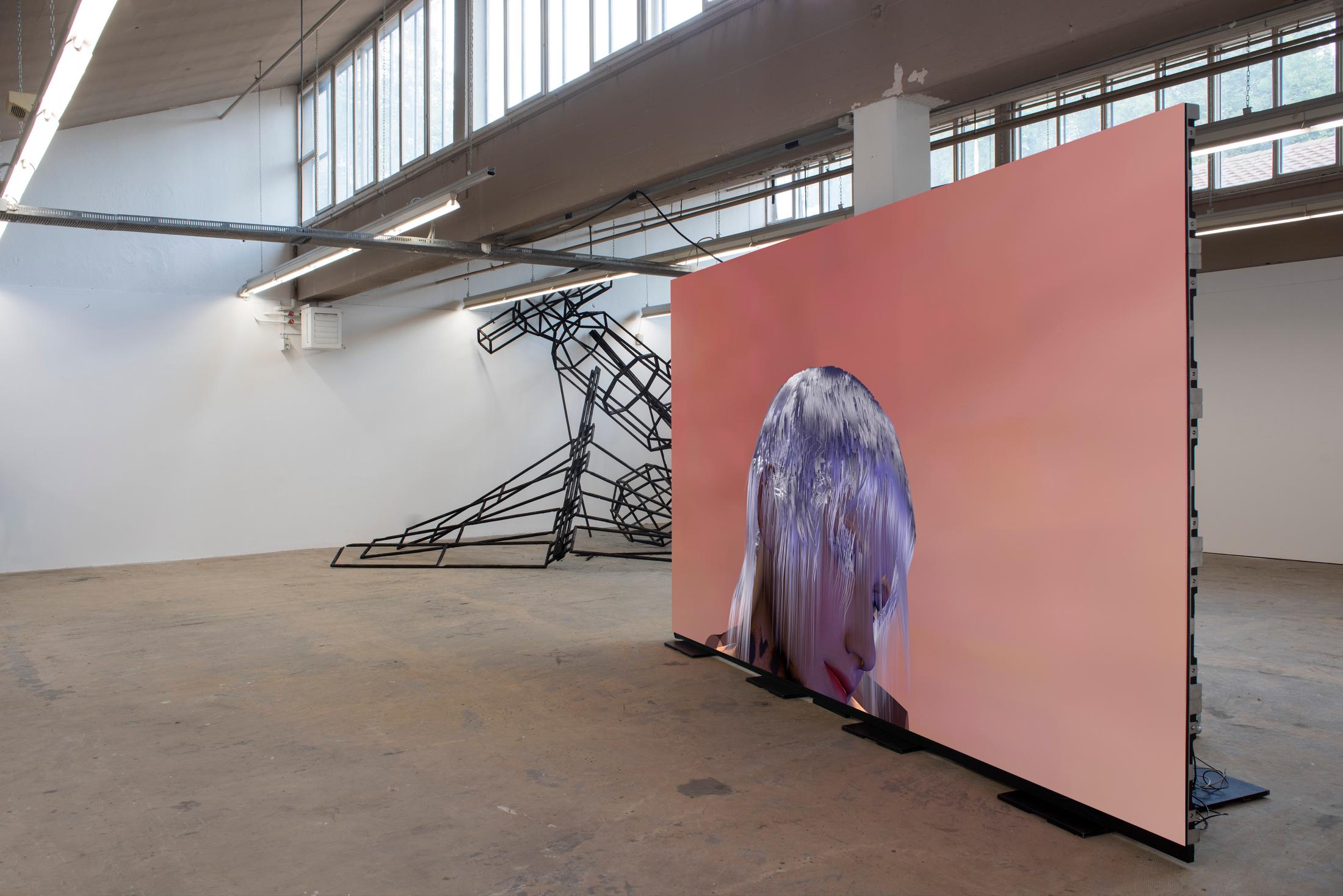 Exhibition View Graduation Show Bachelor and Master Art Institute HGK FHNW, Basel «I-Hood; view on Till Langschied, Noosphärentrümmer II (A Future Unwilling to Come), 2019 and Katrin Niedermeier, reality island is elsewhere, 2019» at Kunsthaus Baselland, 2019 / Photo: Christian Knörr / Courtesy: the artists