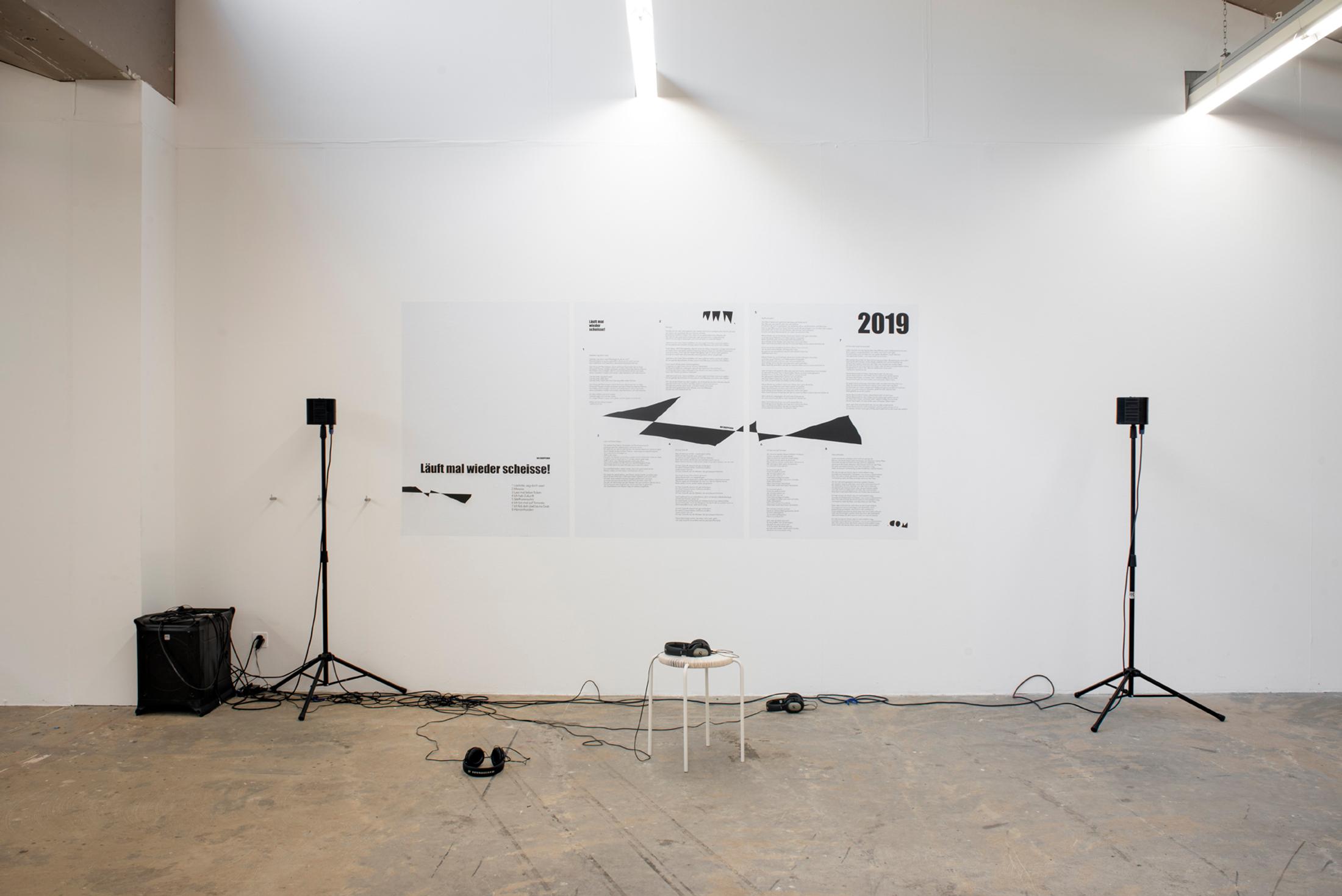 Exhibition View Graduation Show Bachelor and Master Art Institute HGK FHNW, Basel «I-Hood; view on Laura Lüthi, Läuft mal wieder scheisse!, 2019» at Kunsthaus Baselland, 2019 / Photo: Christian Knörr / Courtesy: the artists