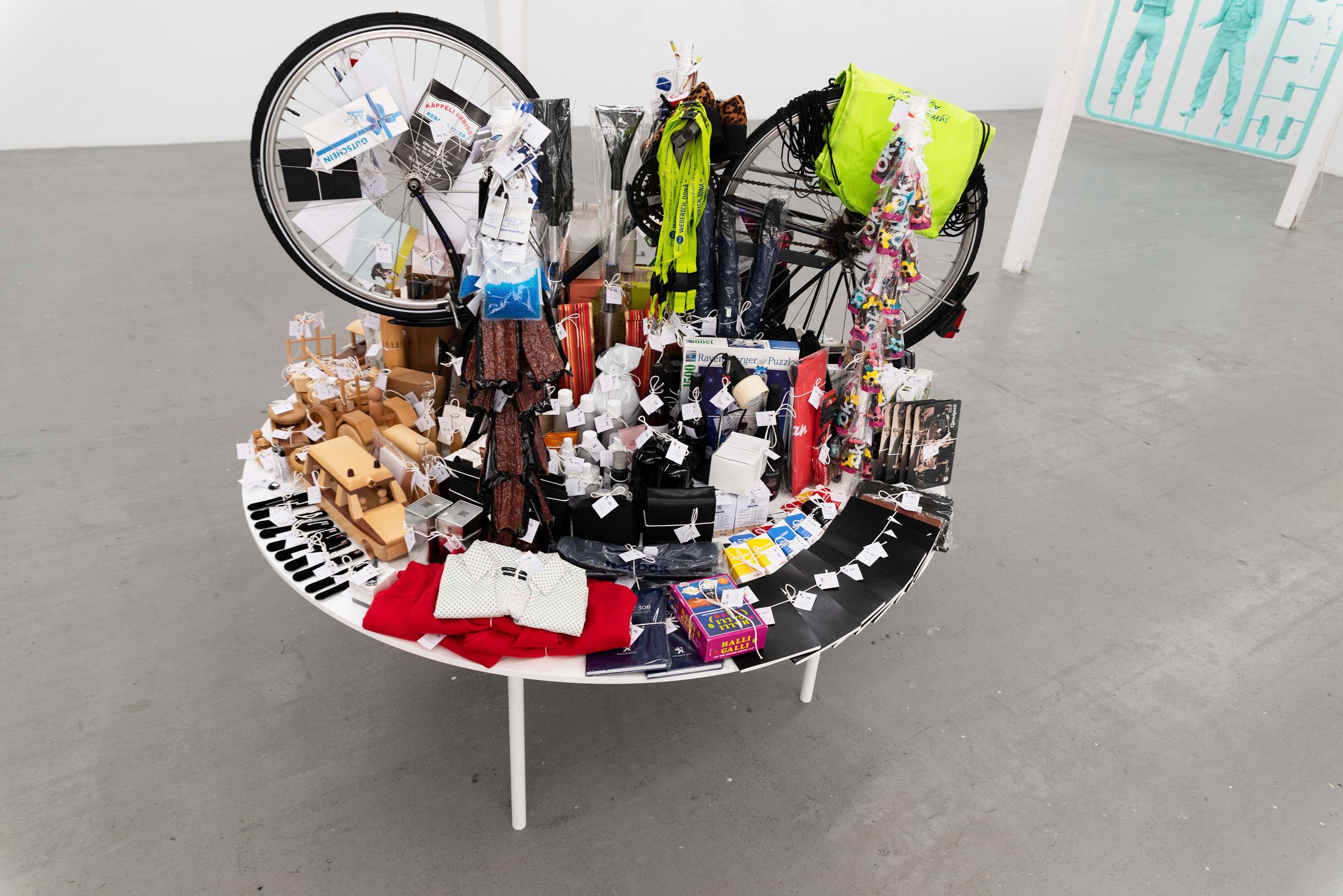 Exhibition View Graduation Show Bachelor and Master Art Institute HGK FHNW, Basel «I-Hood; view on Vera Obertüfer, Tombola – Mit freundlicher Unterstützung von, 2019» at Kunsthaus Baselland, 2019 / Photo: Christoph Bühler / Courtesy: the artists