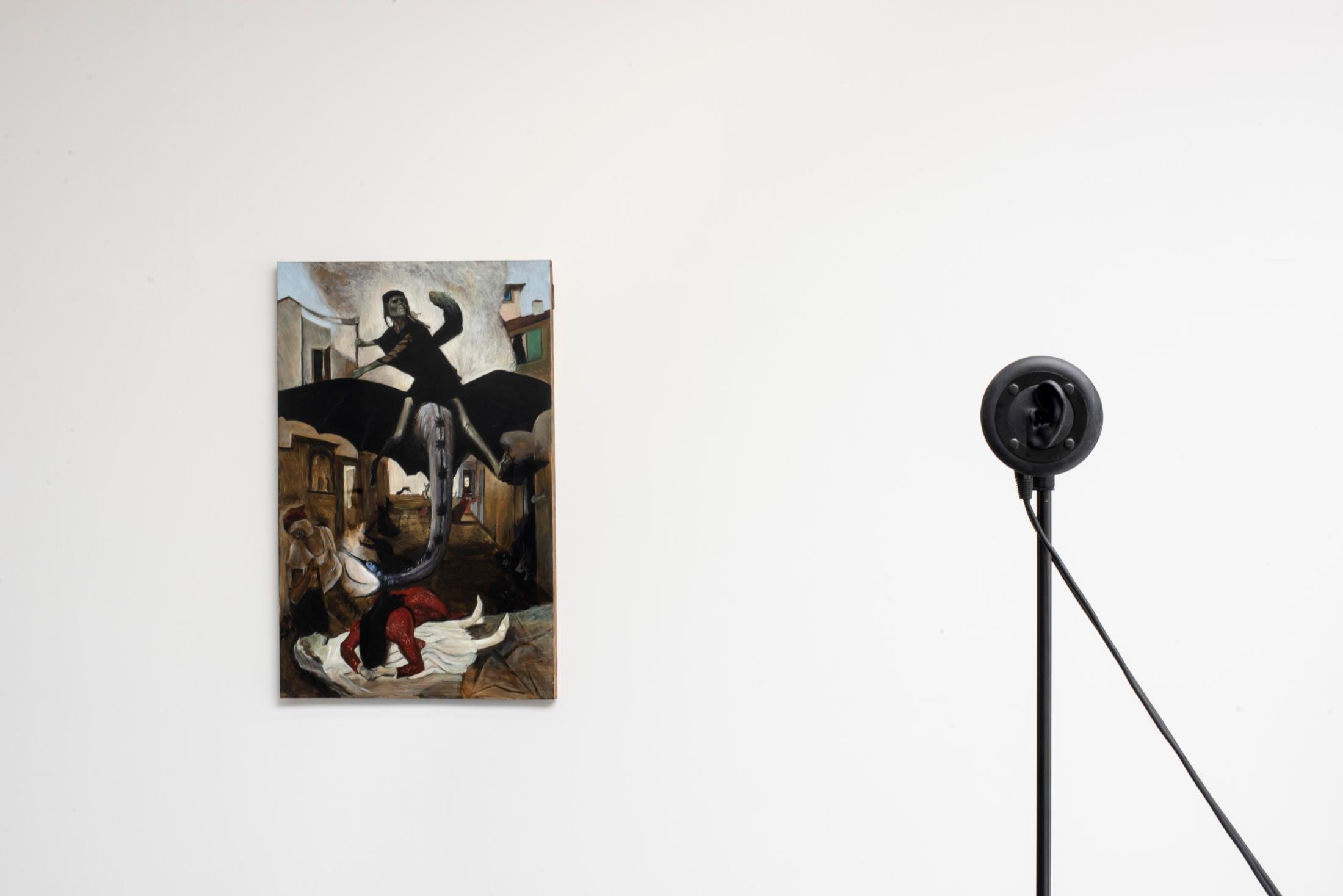 Exhibition View Graduation Show Bachelor and Master Art Institute HGK FHNW, Basel «I-Hood; view on Giangiacomo Rossetti, Study from Böcklin, 2019 and Gerome Johannes Gadient, causal flow, 2019» at Kunsthaus Baselland, 2019 / Photo: Christian Knörr / Courtesy: the artists