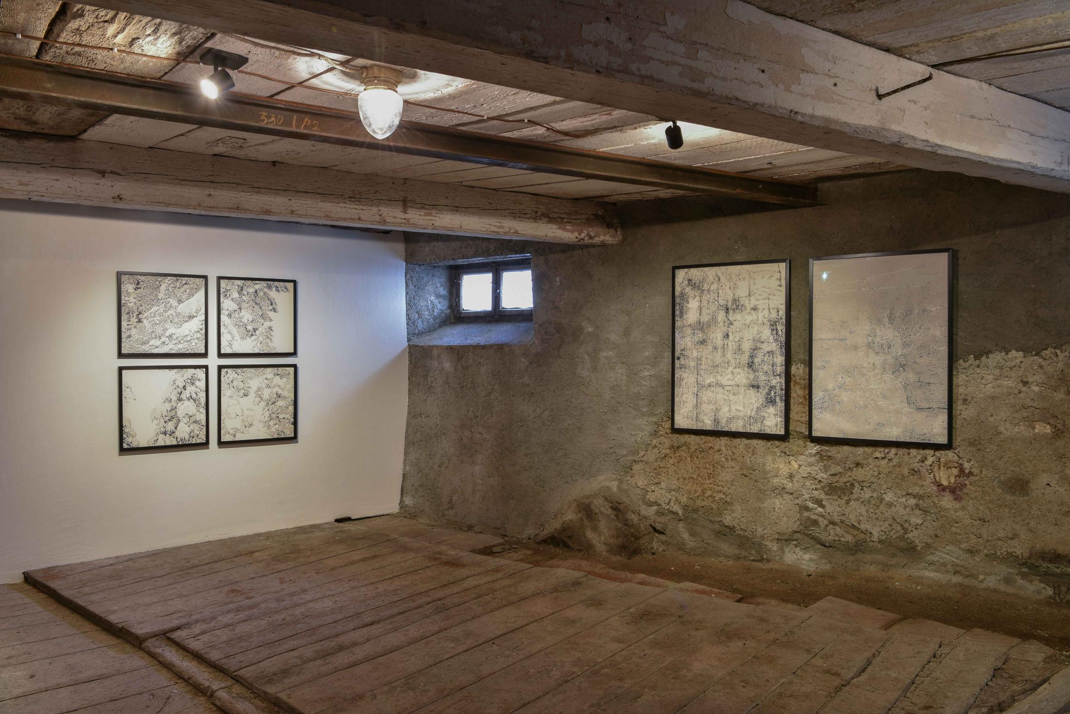 Exhibition View Group Show «Il god - ün omagi per nos bazegner» at Stalla Madulain, Madulain, 2021 / Photo: Stephan Schenk / Courtesy: the artists and Stalla Madulain