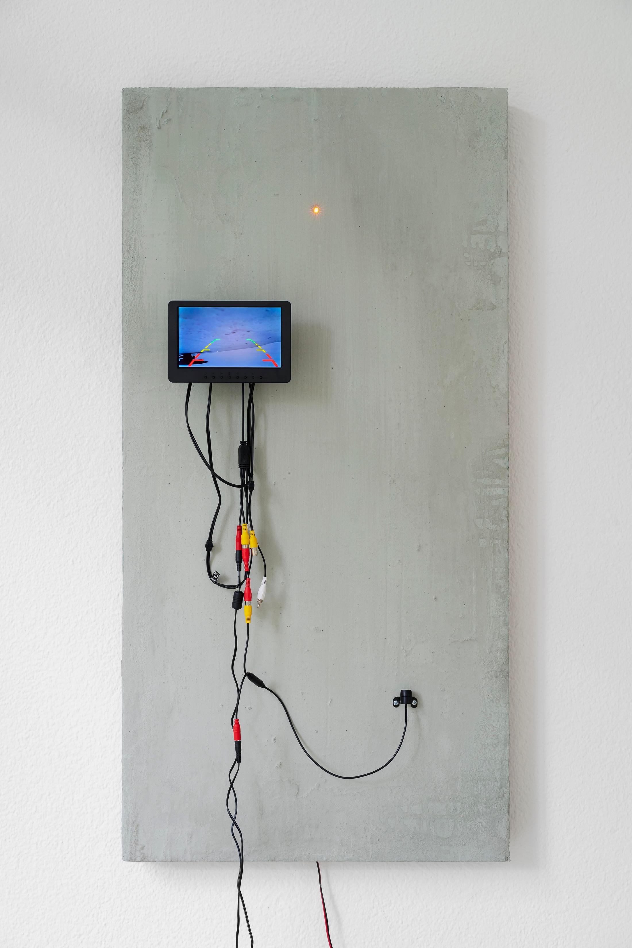Exhibition View Group Show «Im Volksgarten; view on Julia Scher, Delta, 2018, (detail), concrete mix coated insulation boards, hygrometer, camera, hard disk, LED, cables, 8 parts each 120 x 60 cm» at Kunsthaus Glarus, Glarus, 2020 / Photo: Gunnar Meier / Courtesy: the artist and DREI, Cologne / Esther Schipper, Berlin