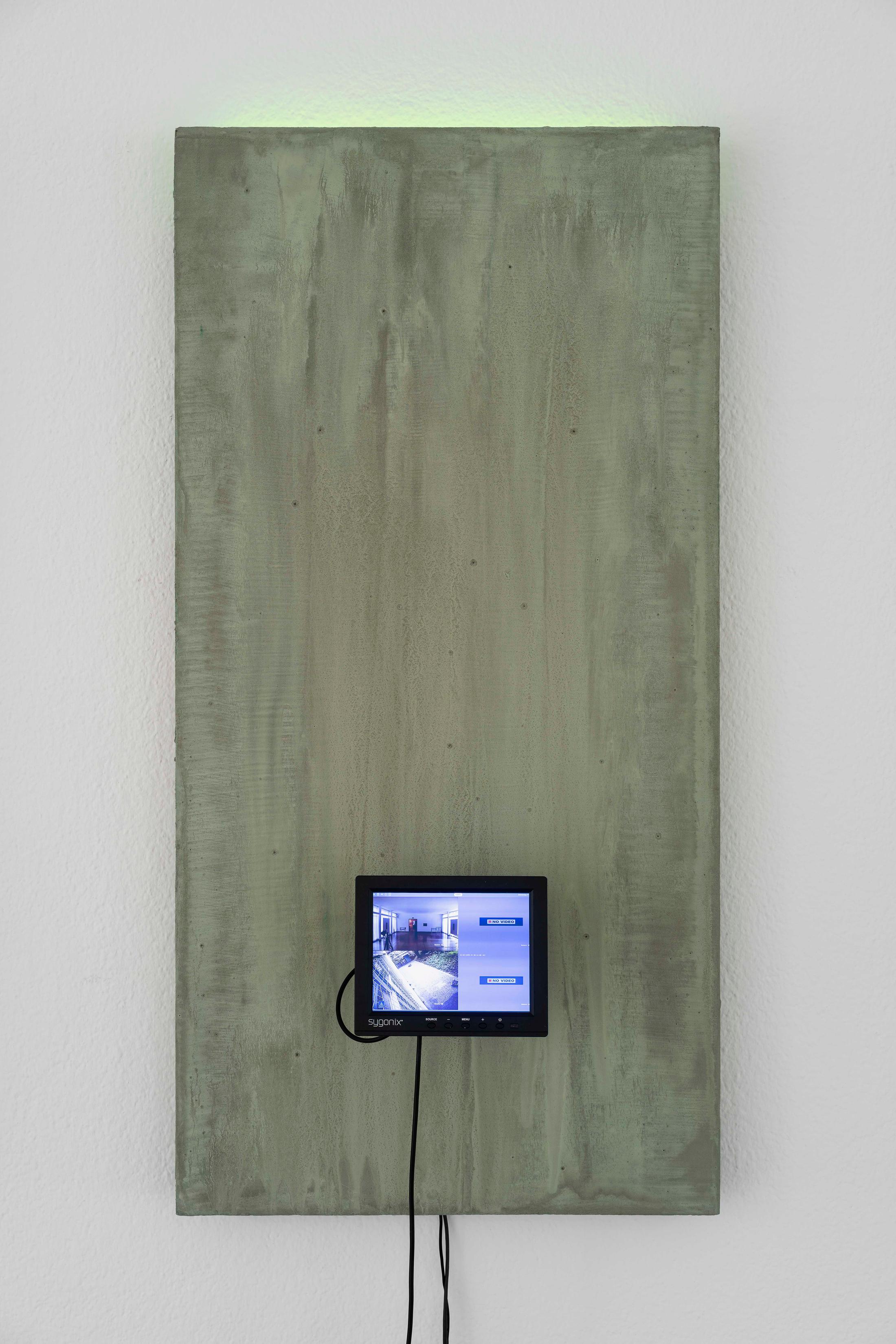 Exhibition View Group Show «Im Volksgarten; view on Julia Scher, Delta, 2018, (detail), concrete mix coated insulation boards, hygrometer, camera, hard disk, LED, cables, 8 parts each 120 x 60 cm» at Kunsthaus Glarus, Glarus, 2020 / Photo: Gunnar Meier / Courtesy: the artist and DREI, Cologne / Esther Schipper, Berlin