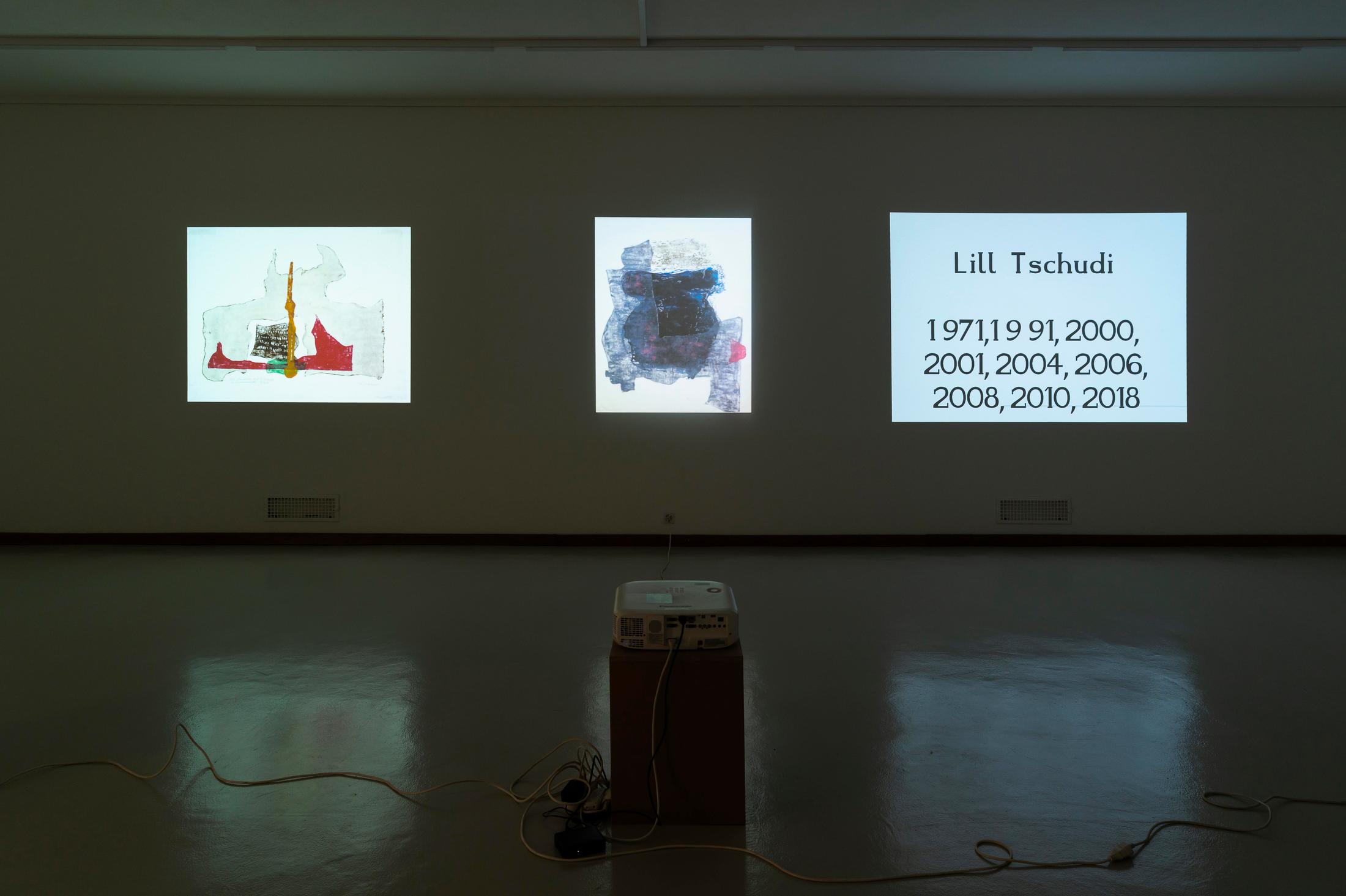 Exhibition View Group Show «Im Volksgarten; view on Kunsthaus Glarus X Bea Schlingelhoff, Presentation Roulette (318 works in custodial care of the collections Glarner Kunstverein: thereof 67 acquisitions, 47 donations, 9 annual gifts, 2 legal estates, 1 deposit, 1 collection of sketchbooks, further 192 specifications are in process), 2020, JPEGs, typeface Olga Oppenheimer, catalog of works» at Kunsthaus Glarus, Glarus, 2020 / Photo: Gunnar Meier / Courtesy: the artist