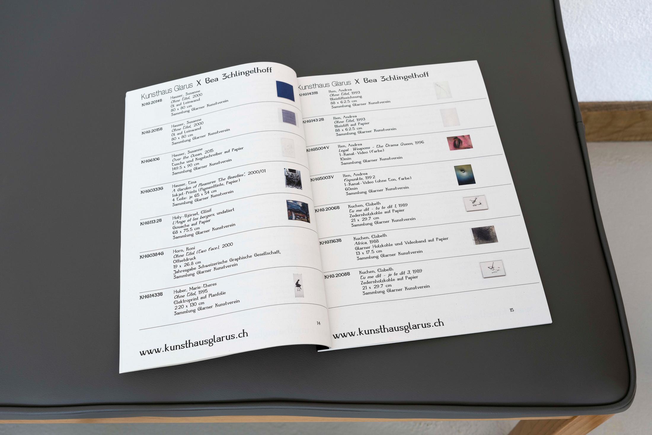 Exhibition View Group Show «Im Volksgarten; view on Kunsthaus Glarus X Bea Schlingelhoff, Presentation Roulette (318 works in custodial care of the collections Glarner Kunstverein: thereof 67 acquisitions, 47 donations, 9 annual gifts, 2 legal estates, 1 deposit, 1 collection of sketchbooks, further 192 specifications are in process) (detail), 2020, JPEGs, typeface Olga Oppenheimer, catalog of works» at Kunsthaus Glarus, Glarus, 2020 / Photo: Gunnar Meier / Courtesy: the artist