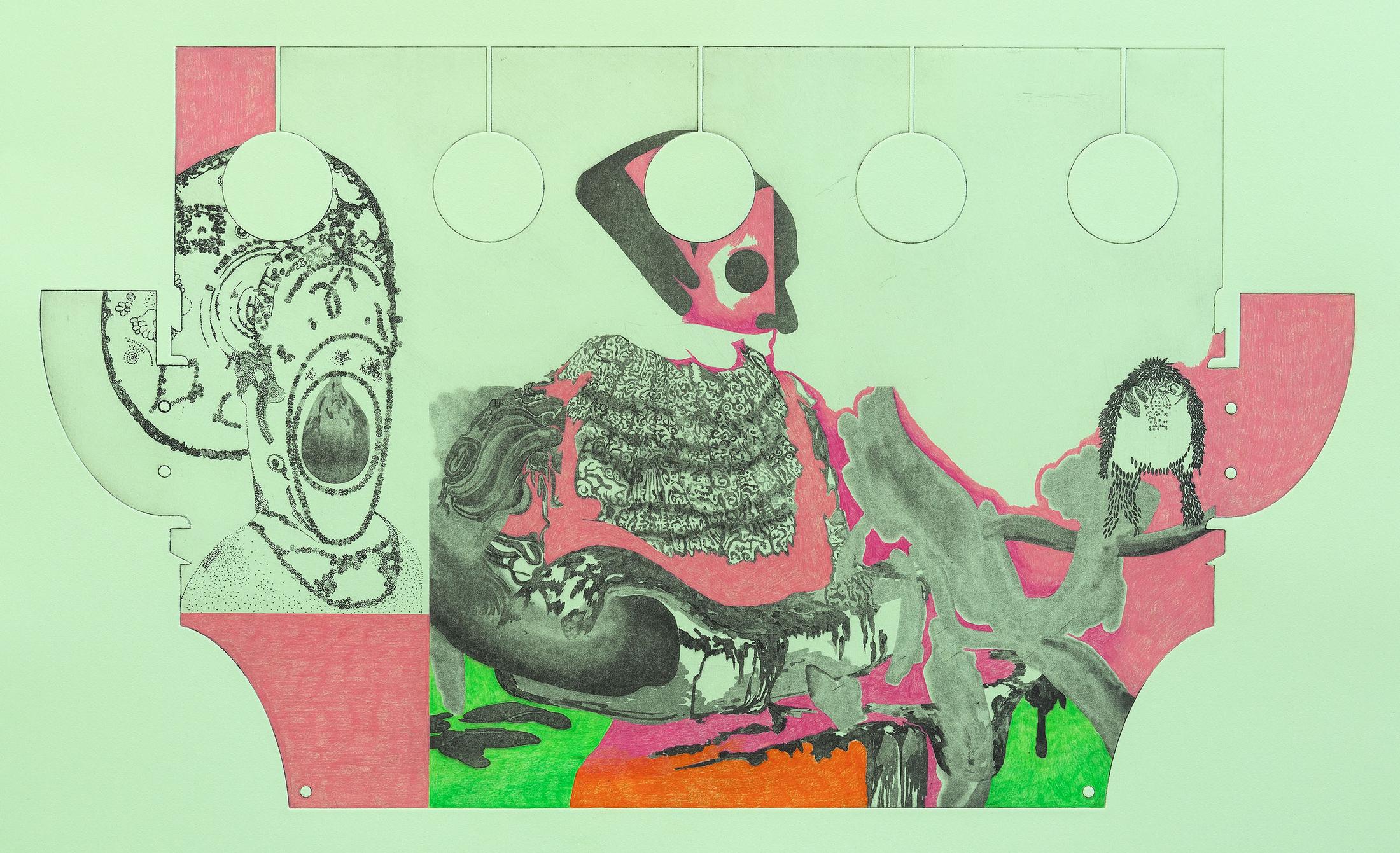 Exhibition View Groupshow «Intaglio and Lithography: Works on Paper; view on Cédric Eisenring, Casanova, 2020» at Edition VFO, Zurch, 2020 / Photo: Sabina Bosch / Courtesy: the artists and Edition VFO