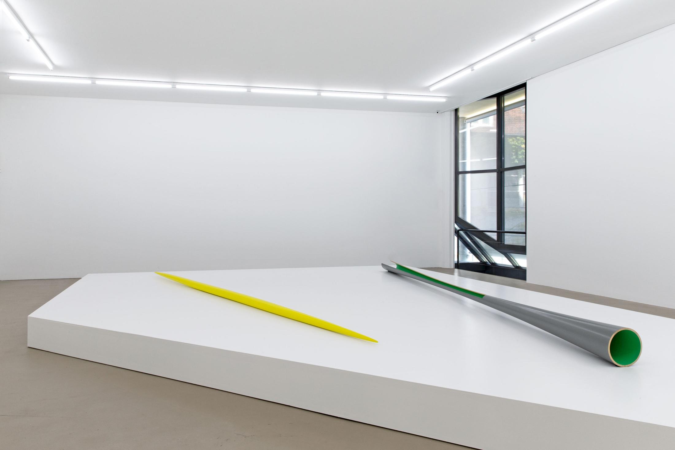 Exhibition View Isa Genzken Solo Show «Works from 1973 to 1983; view on Isa Genzken, Gelbes Ellipsoid, 1976 / Grau-grünes Hyperbolo "Jülich", 1979» at Kunstmuseum Basel, Basel, 2020 / Photo: Gina Folly, © ProLitteris, Zurich / Courtesy: the artist and Kunstmuseum Basel