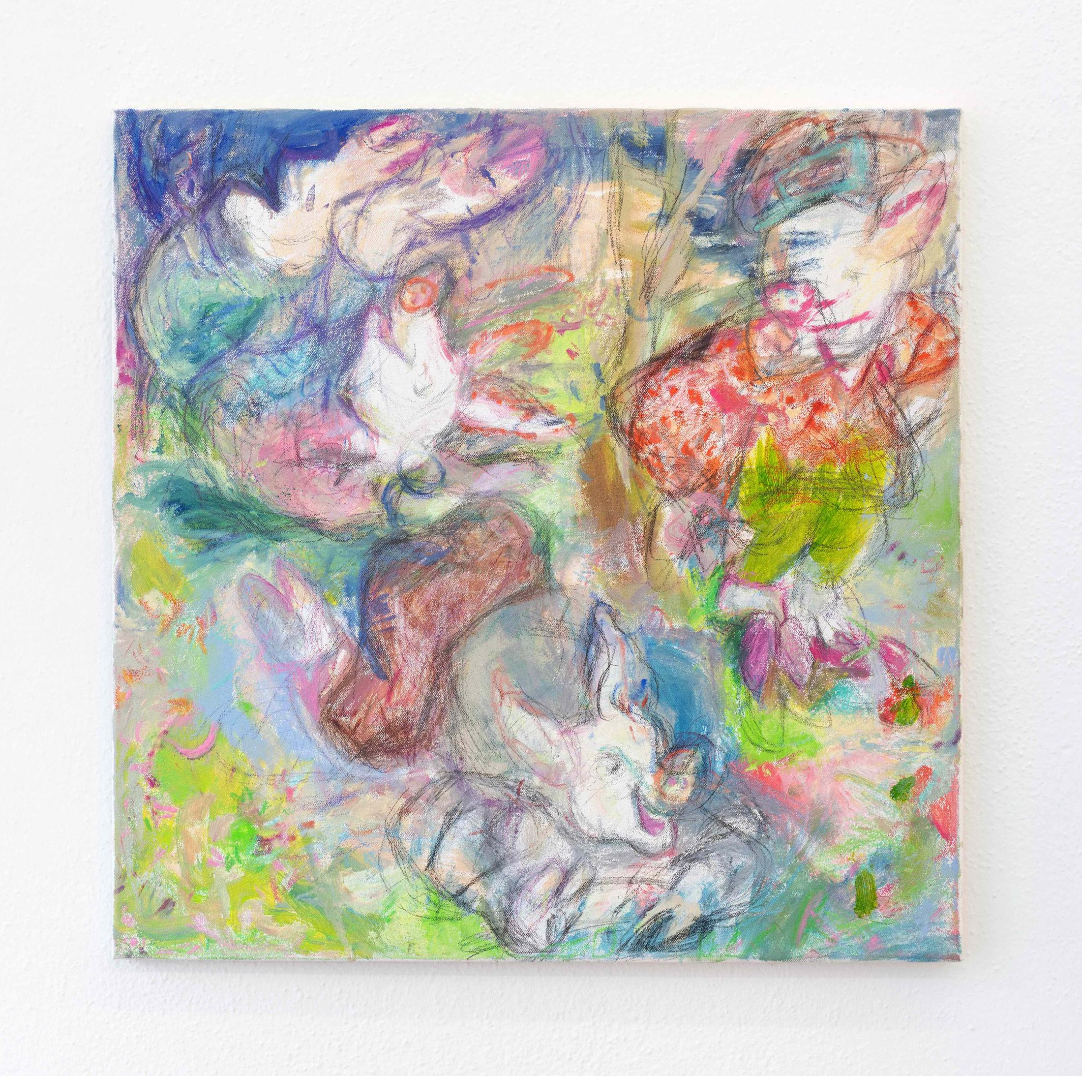 Exhibition View Isadora Vogt «GLÜCK FÜR SORGENKINDER; view on Isadora Vogt, Untitled, 2021, 70x70cm, acrylic, pencil and chalk on canvas» at Sentiment, Zurich, 2021 / Courtesy: the artist and Sentiment