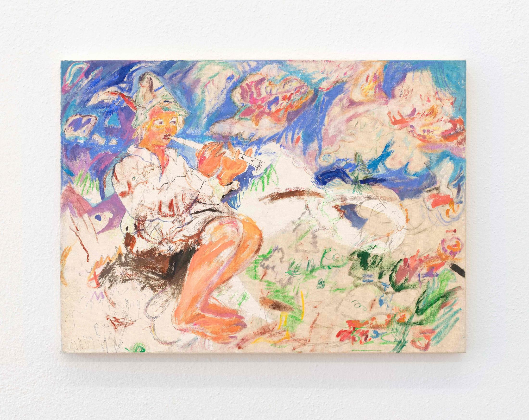 Exhibition View Isadora Vogt «GLÜCK FÜR SORGENKINDER; view on Isadora Vogt, Flute douce, 2021, 50x70cm, acrylic, pencil and chalk on canvas» at Sentiment, Zurich, 2021 / Courtesy: the artist and Sentiment