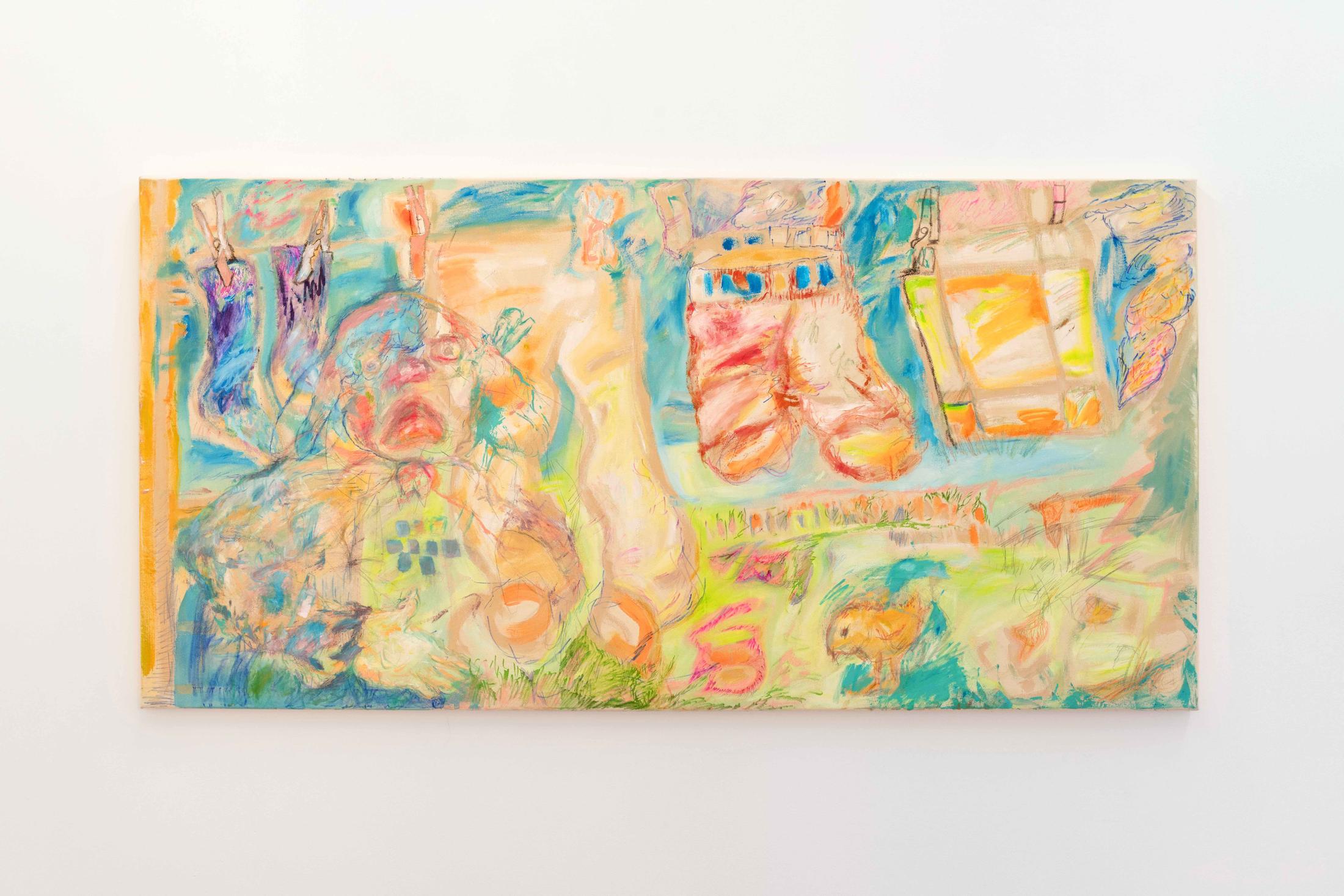 Exhibition View Isadora Vogt «GLÜCK FÜR SORGENKINDER; view on Isadora Vogt, Hundefrau, 2021, 100x200cm, acrylic, oil, chalk and pencil on canvas» at Sentiment, Zurich, 2021 / Courtesy: the artist and Sentiment