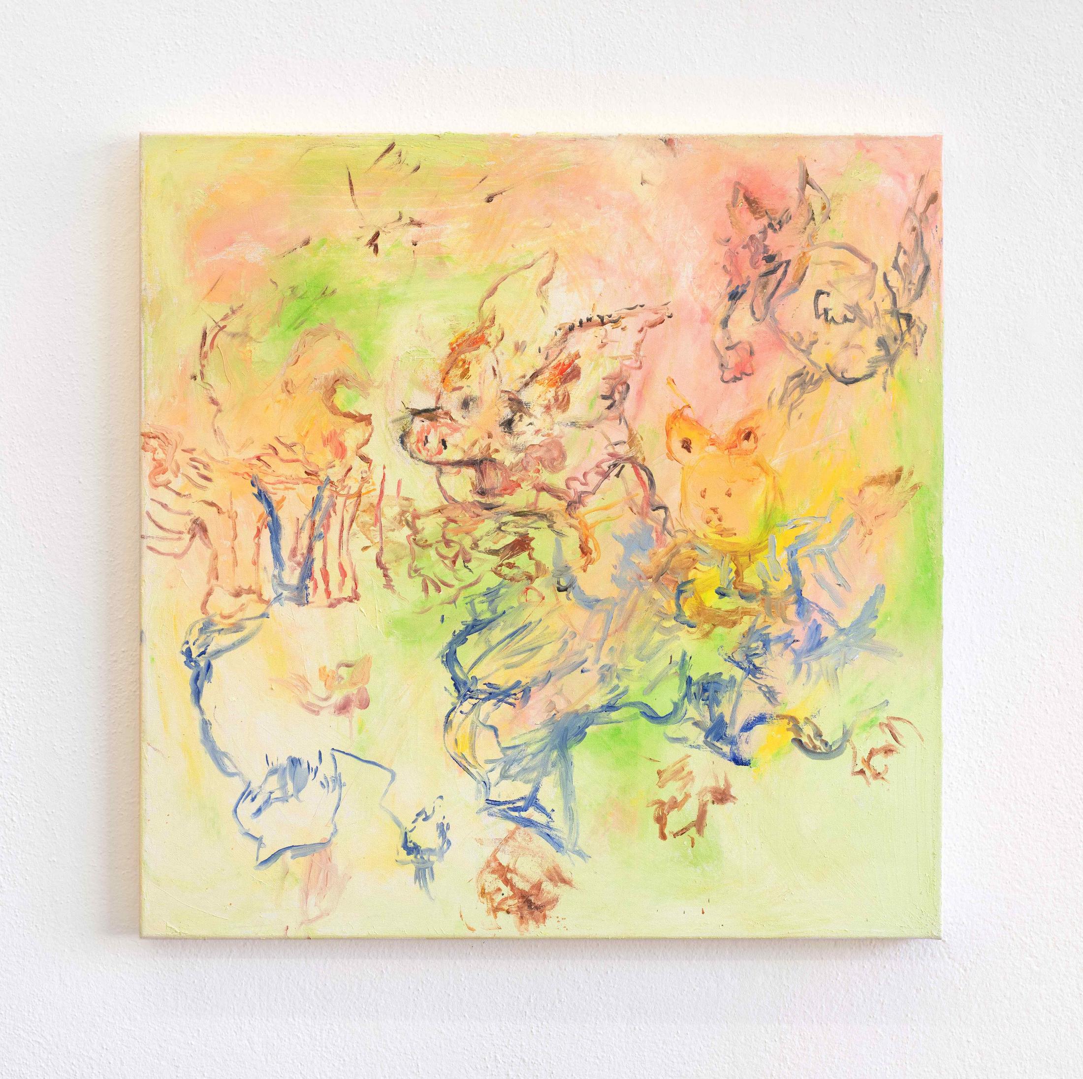 Exhibition View Isadora Vogt «GLÜCK FÜR SORGENKINDER; view on Isadora Vogt, Ferkel, 2021, 90x90cm, oil on canvas» at Sentiment, Zurich, 2021 / Courtesy: the artist and Sentiment