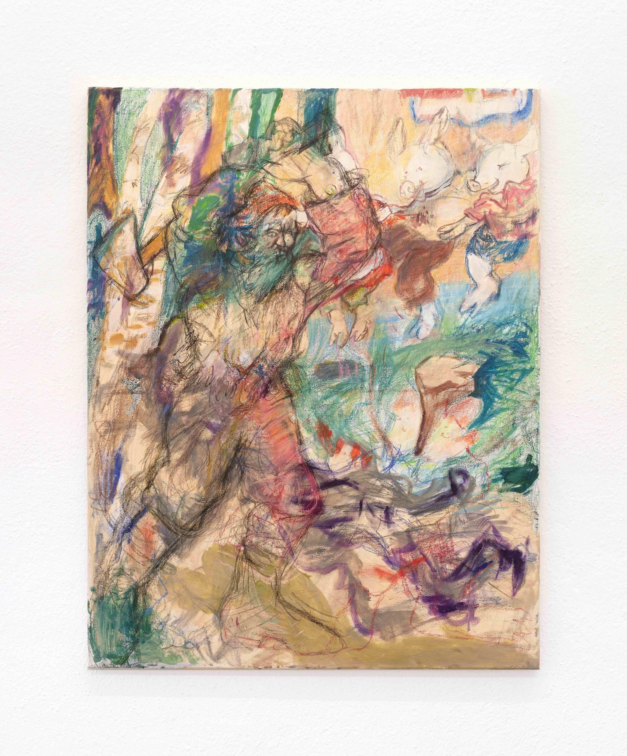 Exhibition View Isadora Vogt «GLÜCK FÜR SORGENKINDER; view on Isadora Vogt, Lumber Jack, 2021, 90x70cm, acrylic and chalk and colored pencil on canvas» at Sentiment, Zurich, 2021 / Courtesy: the artist and Sentiment