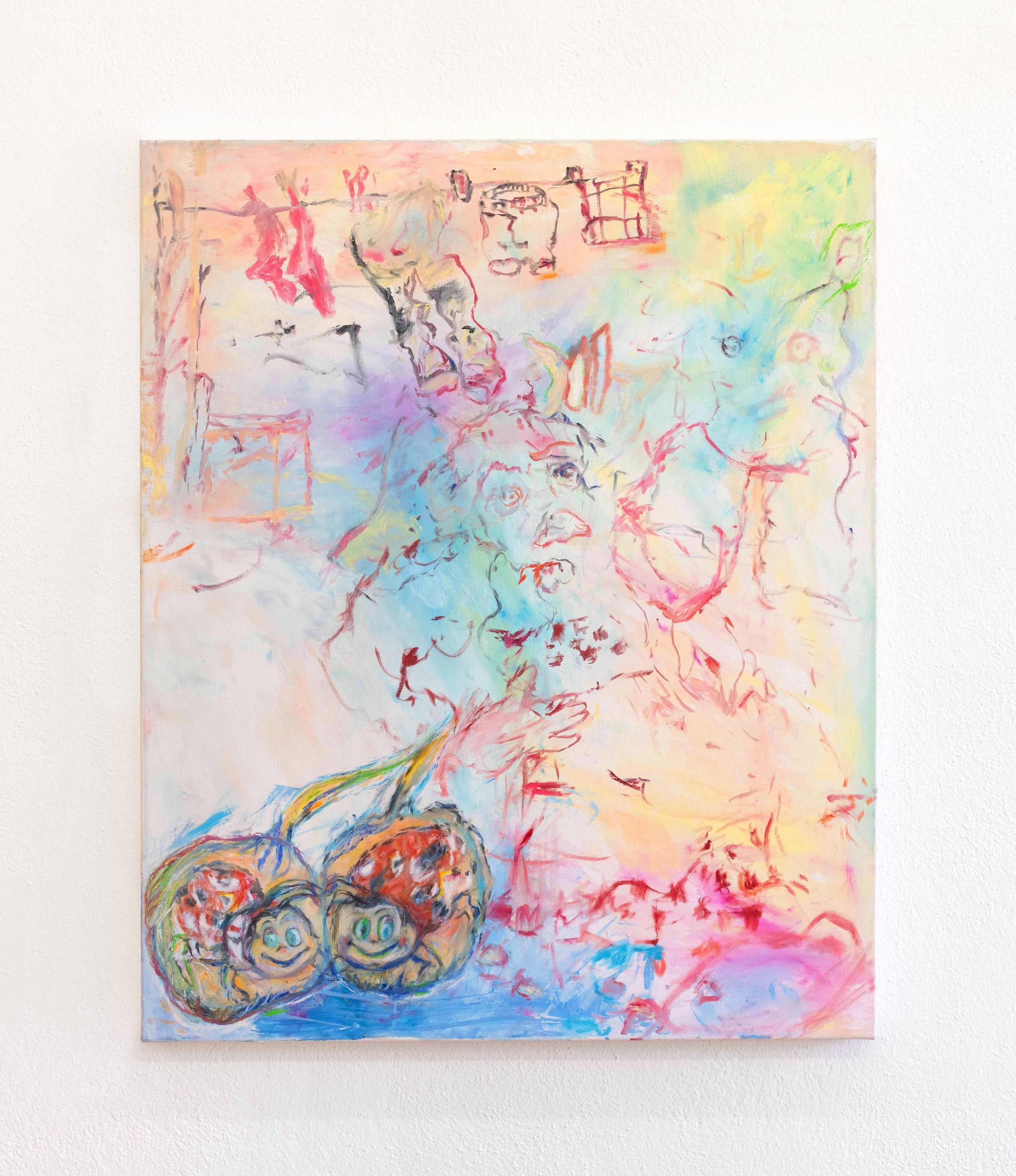 Exhibition View Isadora Vogt «GLÜCK FÜR SORGENKINDER; view on Isadora Vogt, Hose im Wind, 2021, 110x90cm, oil on canvas» at Sentiment, Zurich, 2021 / Courtesy: the artist and Sentiment