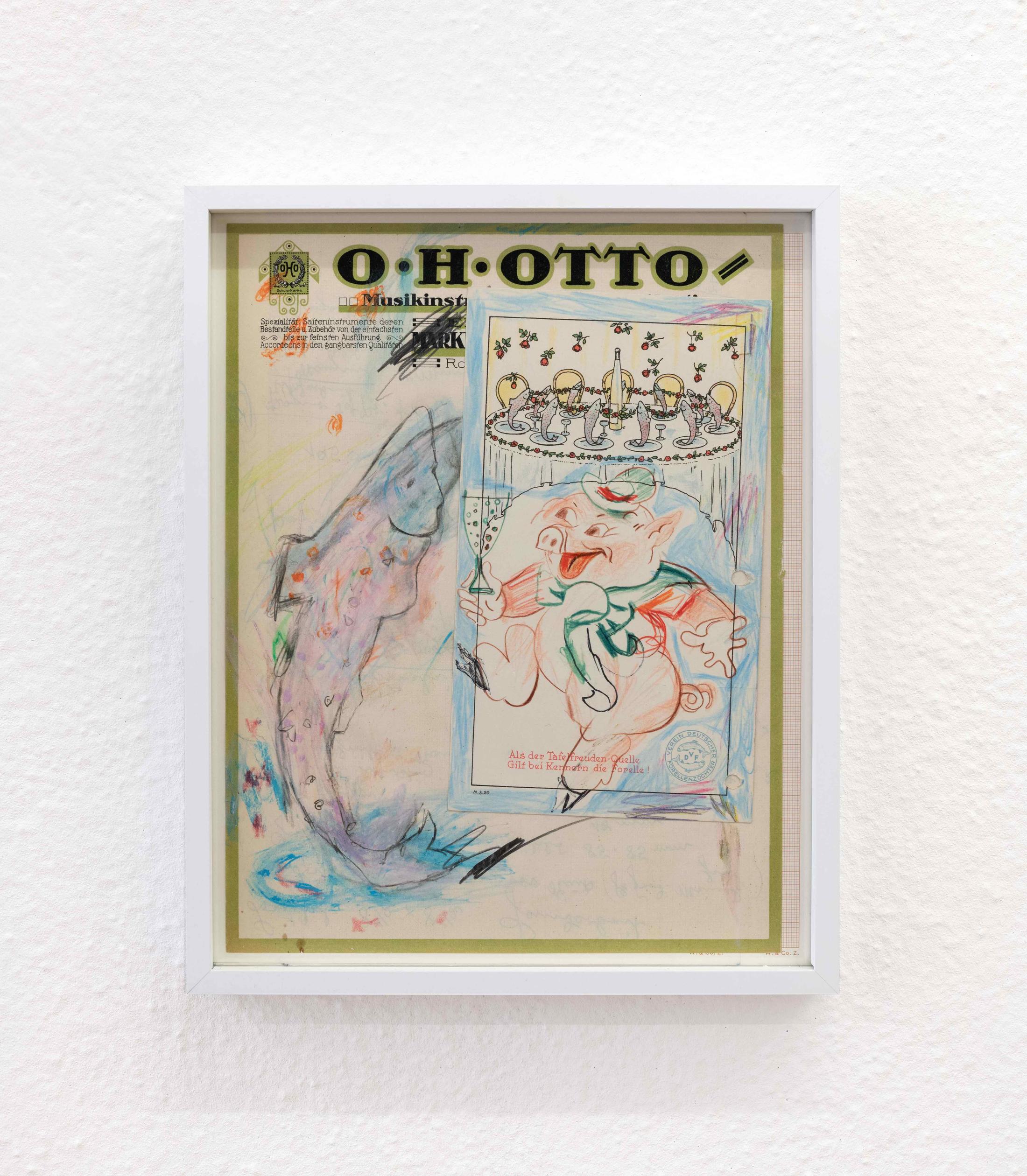 Exhibition View Isadora Vogt «GLÜCK FÜR SORGENKINDER; view on Isadora Vogt, OH OTTO, 2021, 28.5x20.5cm, (Collage) colored pencil and chalk on paper» at Sentiment, Zurich, 2021 / Courtesy: the artist and Sentiment