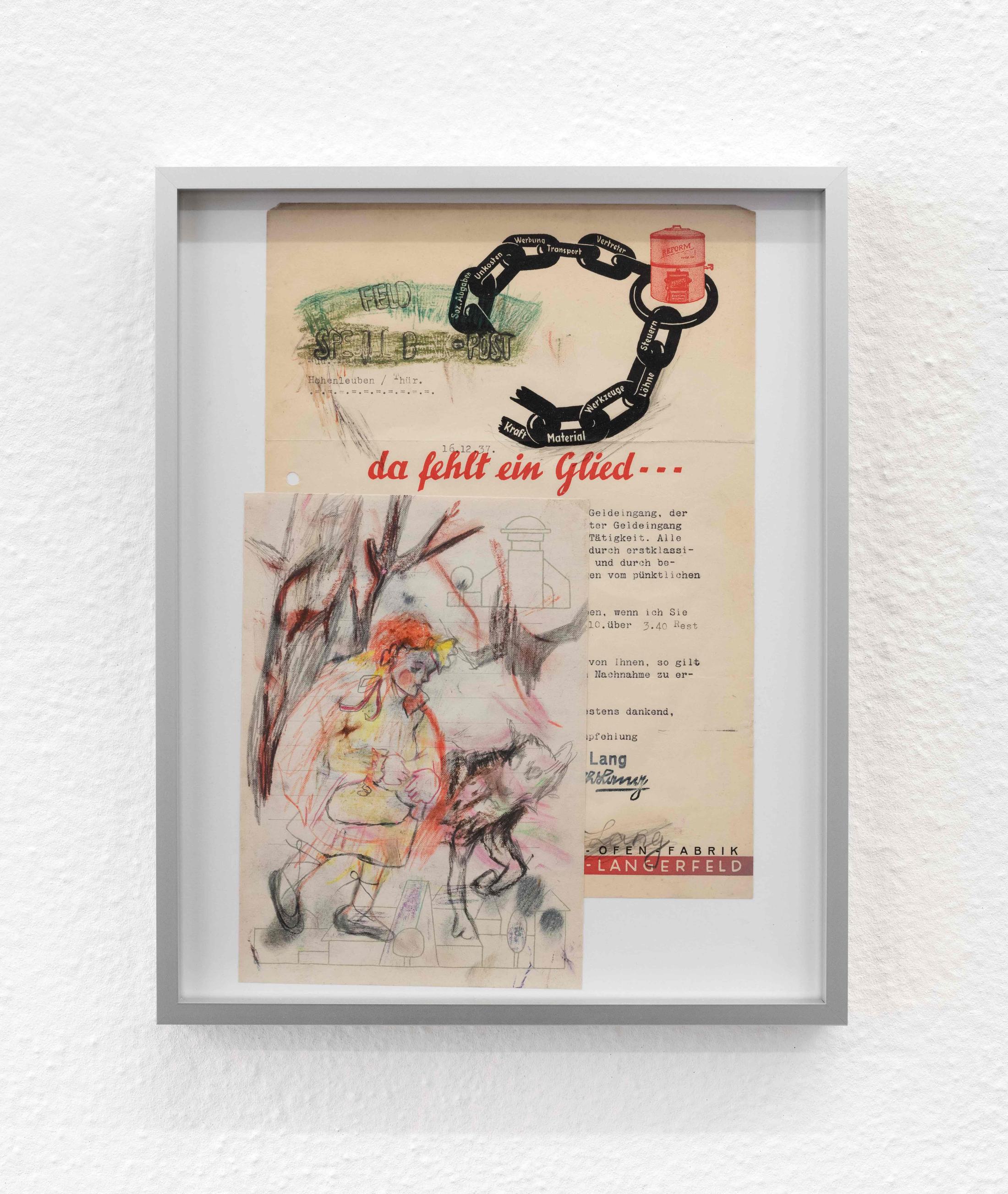 Exhibition View Isadora Vogt «GLÜCK FÜR SORGENKINDER; view on Isadora Vogt, Da fehlt ein Glied, 2021, 22.5x21.5cm, (Collage) colored pencil and chalk on paper» at Sentiment, Zurich, 2021 / Courtesy: the artist and Sentiment