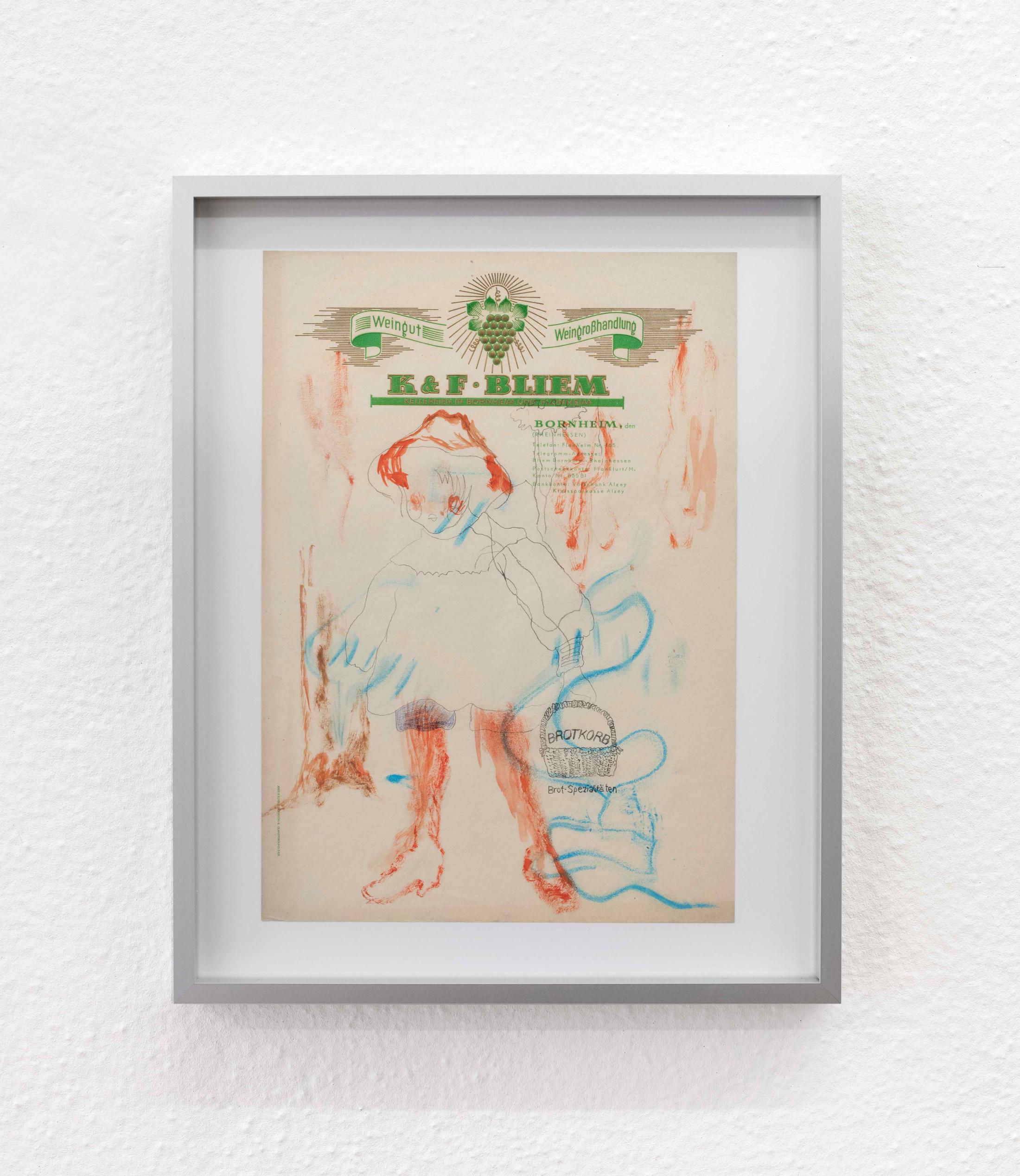 Exhibition View Isadora Vogt «GLÜCK FÜR SORGENKINDER; view on Isadora Vogt, Brotkorb, 2021, 29x21cm, (Collage) colored pencil and chalk on paper» at Sentiment, Zurich, 2021 / Courtesy: the artist and Sentiment
