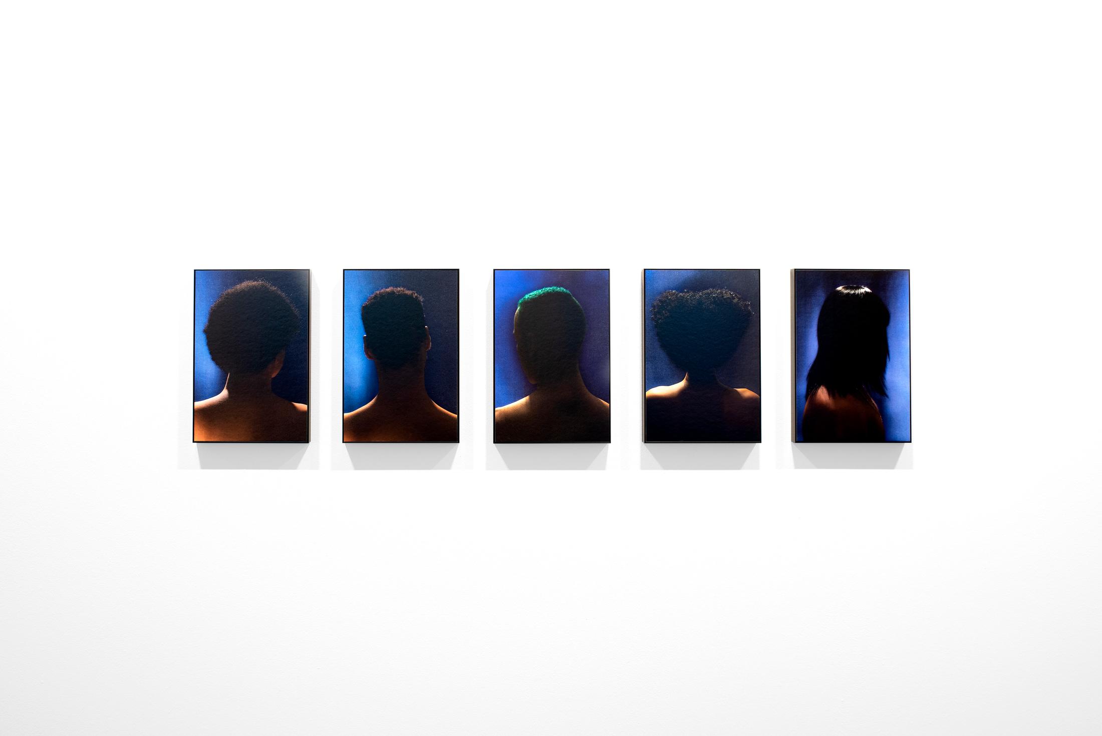 Exhibition View James Bantone Solo Show «He Said, They Said; view on James Bantone, Blue Magic (Anti-Breakage Formula) 1-5, 2020, prints on paper, wooden frames, 24x36 cm» at Coalmine, Winterthur, 2020 / Courtesy: the artist and Coalmine