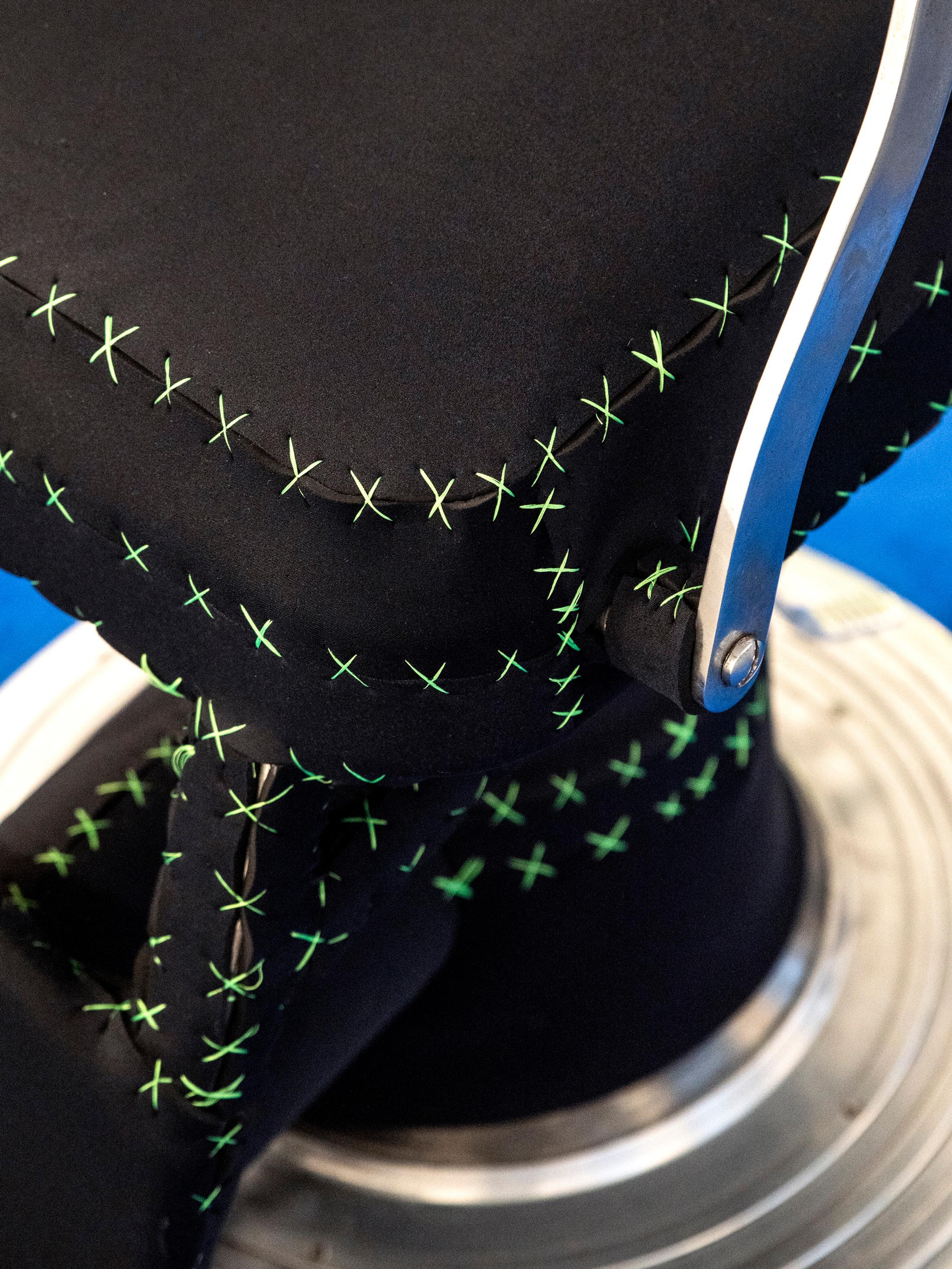 Exhibition View James Bantone Solo Show «He Said, They Said; view on James Bantone, Say No More (detail), 2020 barber chair, neoprene, polyester, metal, blue carpet, 110x140x65 cm» at Coalmine, Winterthur, 2020 / Courtesy: the artist and Coalmine